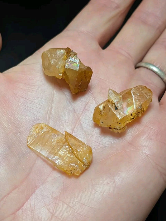 Three golden-yellow citrine crystals with faceted, translucent surfaces and subtle iridescent flashes rest in an open palm.