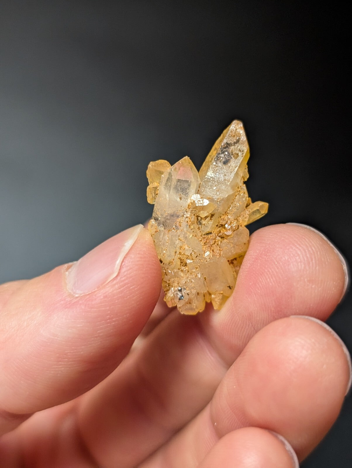 A translucent golden-yellow quartz crystal cluster with sharp, faceted points and a rough, earthy base.
