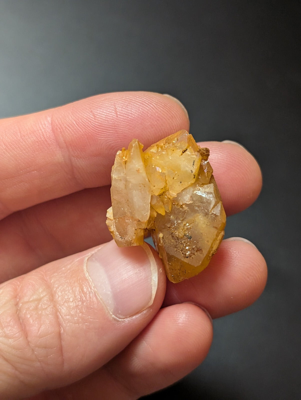 A translucent amber-colored mineral specimen with crystalline facets and golden inclusions, held gently between fingers.