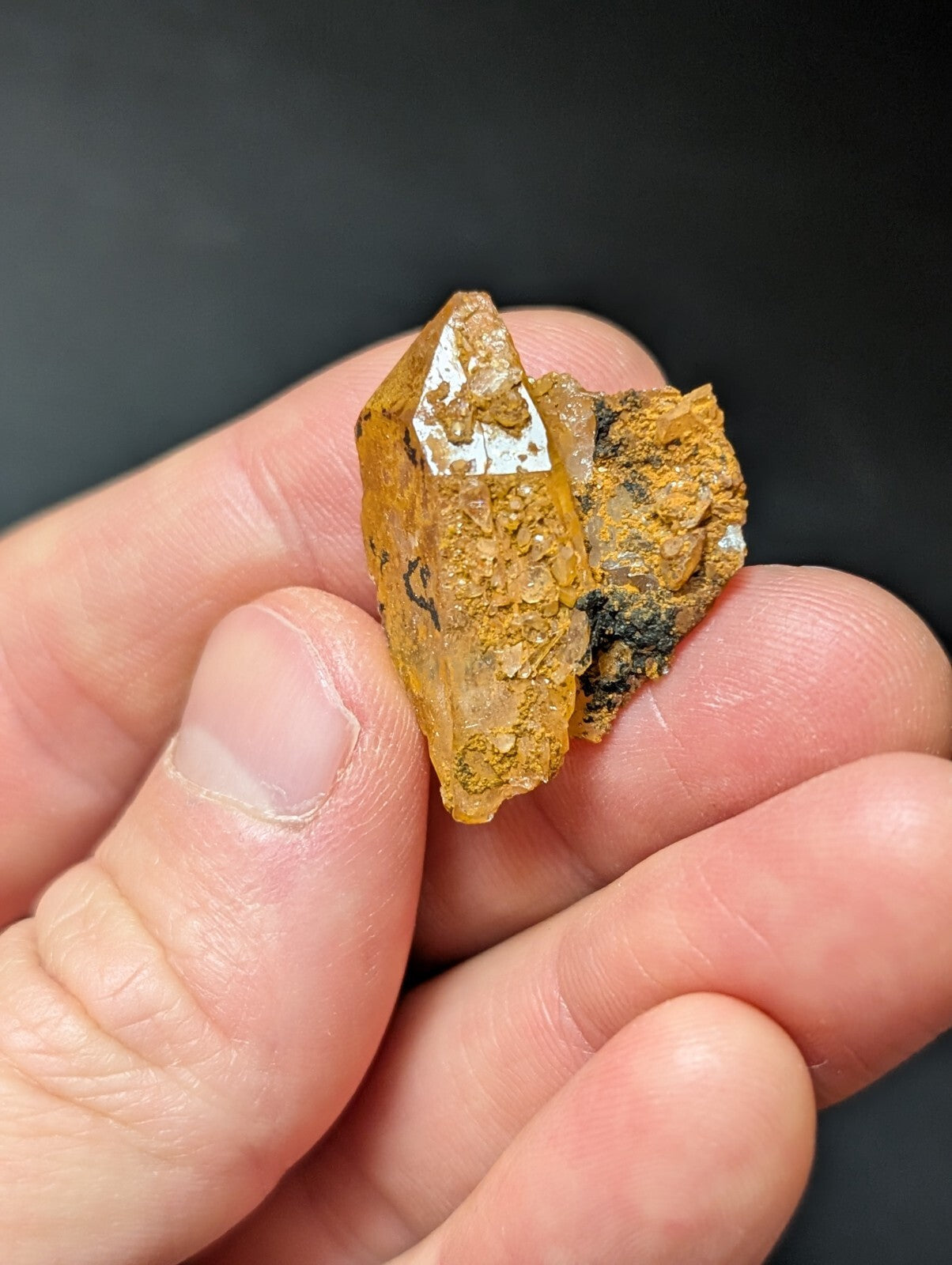 A translucent golden-yellow crystal with a rough, earthy matrix and visible internal inclusions.