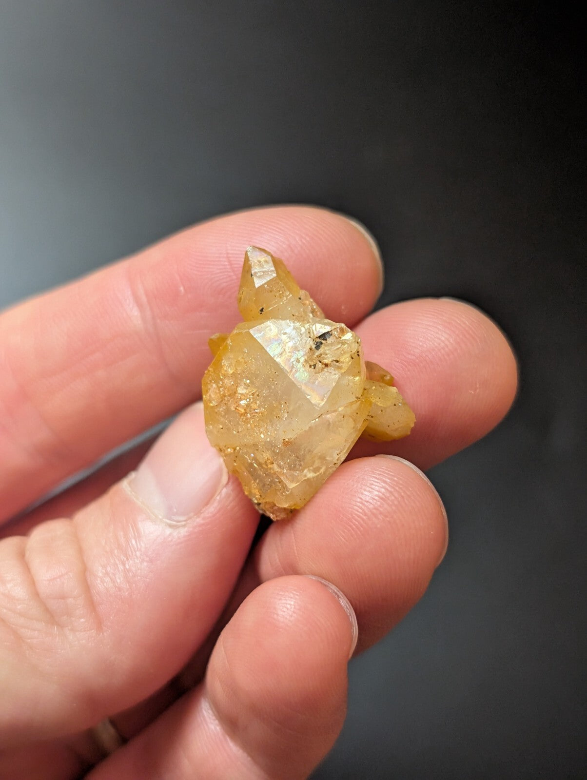 A translucent golden-yellow crystal with sharp, faceted edges and a slightly rough surface.