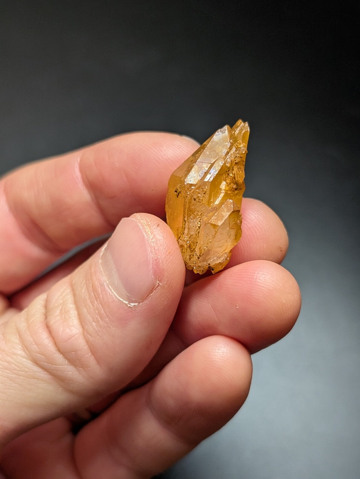 A translucent amber-colored crystal with a faceted, pointed tip and rougher base.