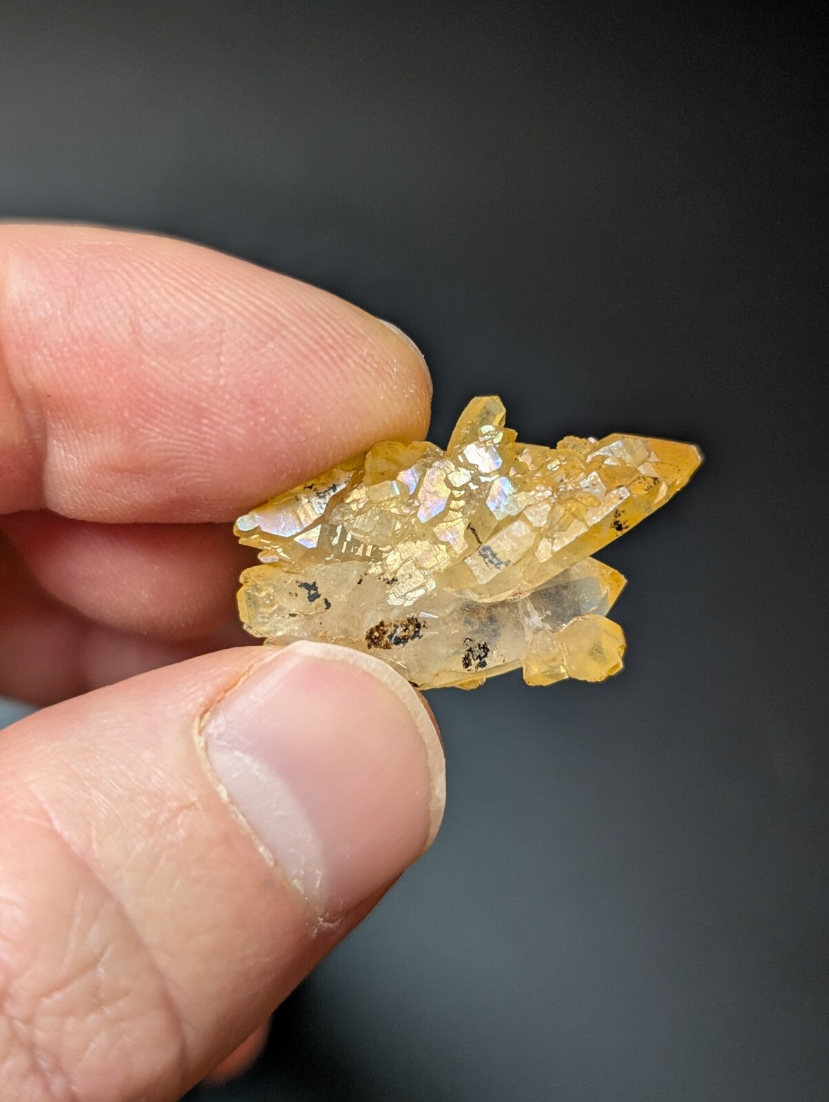 A translucent yellow crystal cluster with sharp, faceted points and subtle iridescent highlights.