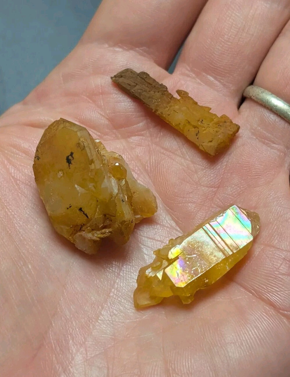 A hand holds three distinct yellow-orange mineral specimens, including a rough, translucent crystal with dark inclusions and another faceted piece displaying iridescent rainbow reflections.