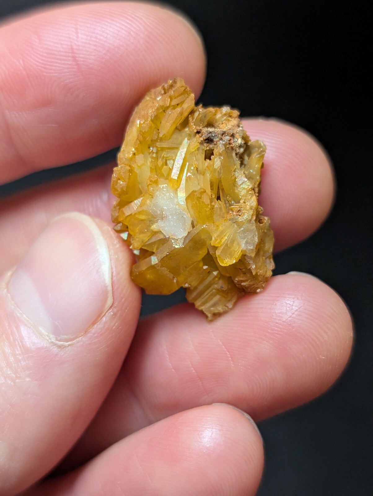 A cluster of translucent golden-yellow crystals with sharp, faceted edges and a few white crystalline inclusions.