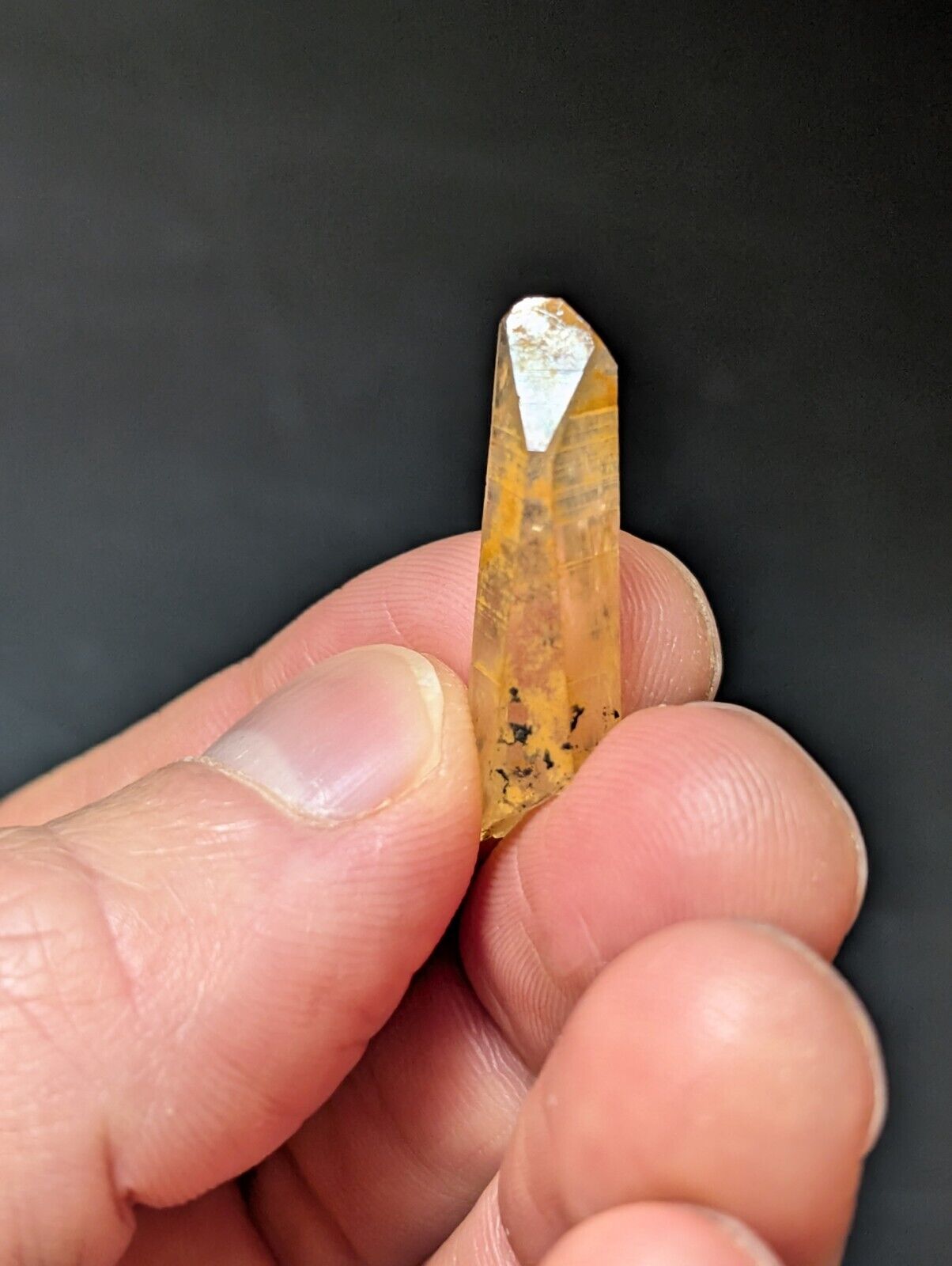 Translucent, yellowish-orange crystal with black inclusions.