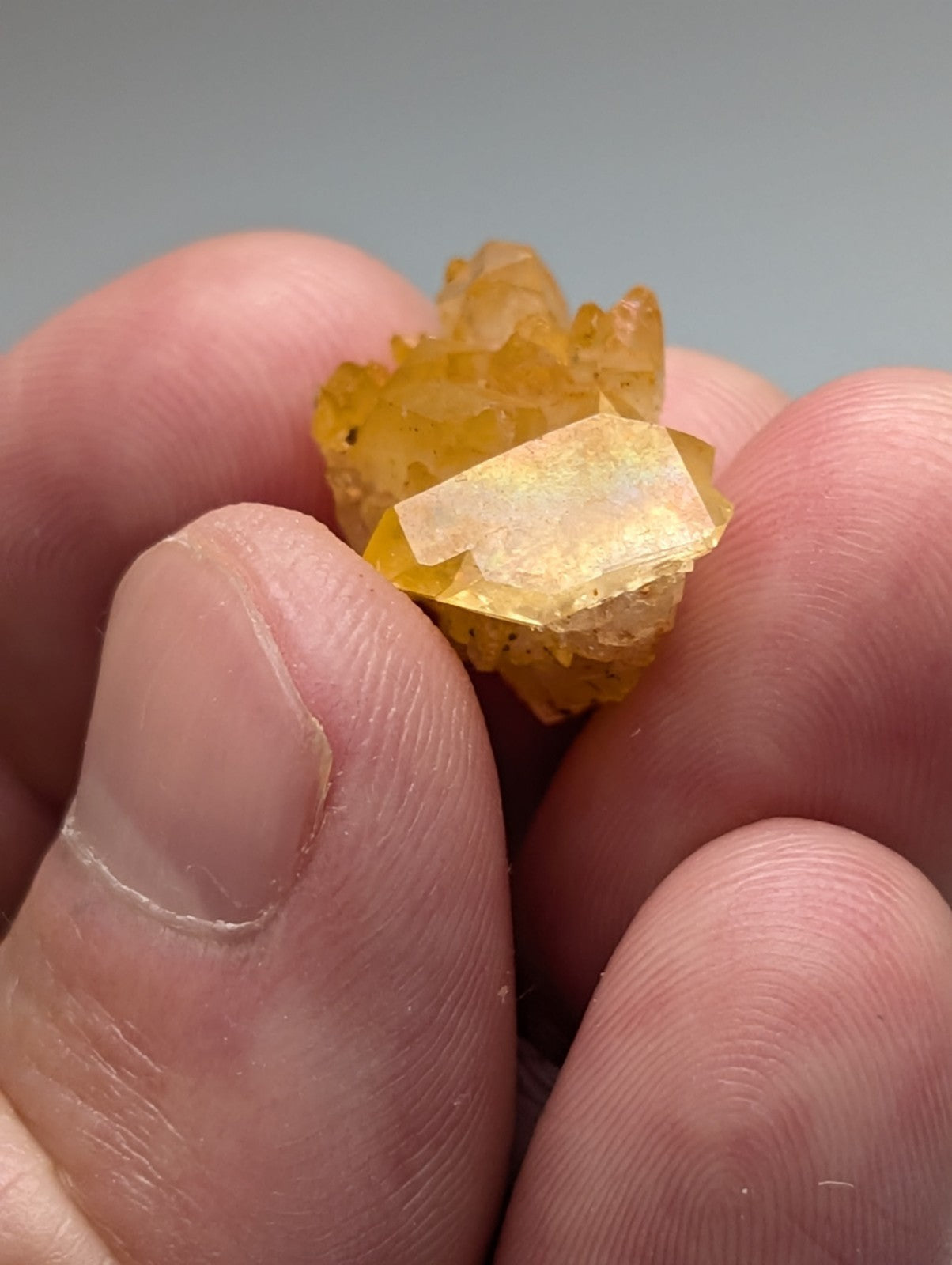 Set of 3 arkansas quartz crystals with natural iridescence featuring translucent golden-yellow crystalline facets and rough base
