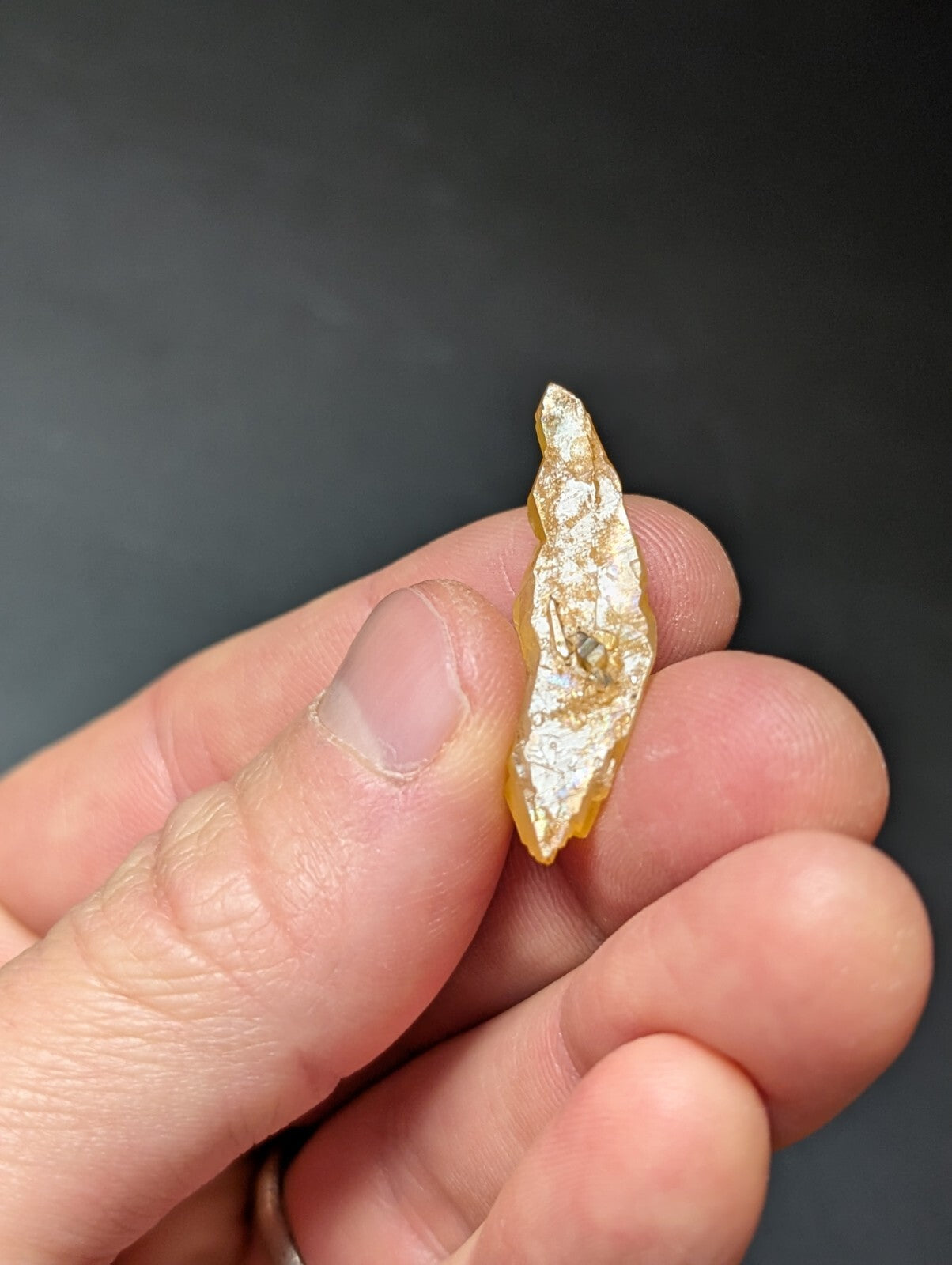 A small, irregularly shaped amber piece with a translucent golden-yellow hue and visible internal inclusions.