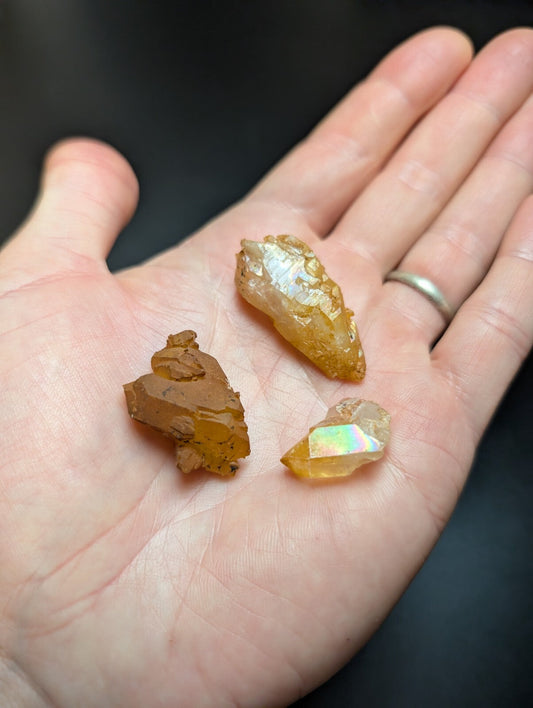 A hand holds three distinct amber-colored crystals, one with a smooth translucent surface and another displaying an iridescent rainbow sheen.