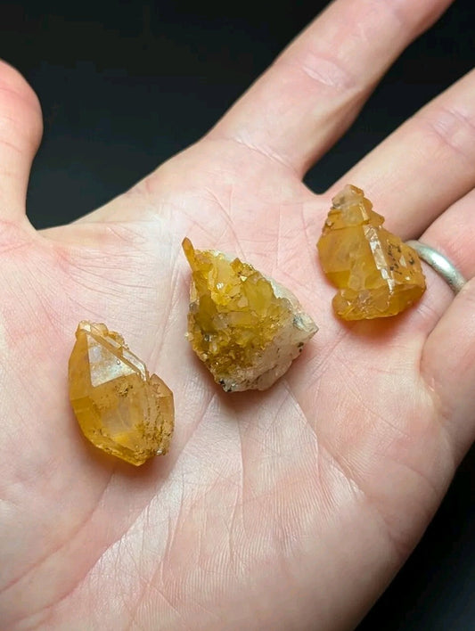 Three amber-colored, faceted crystal specimens with natural mineral inclusions rest gently in an open palm.