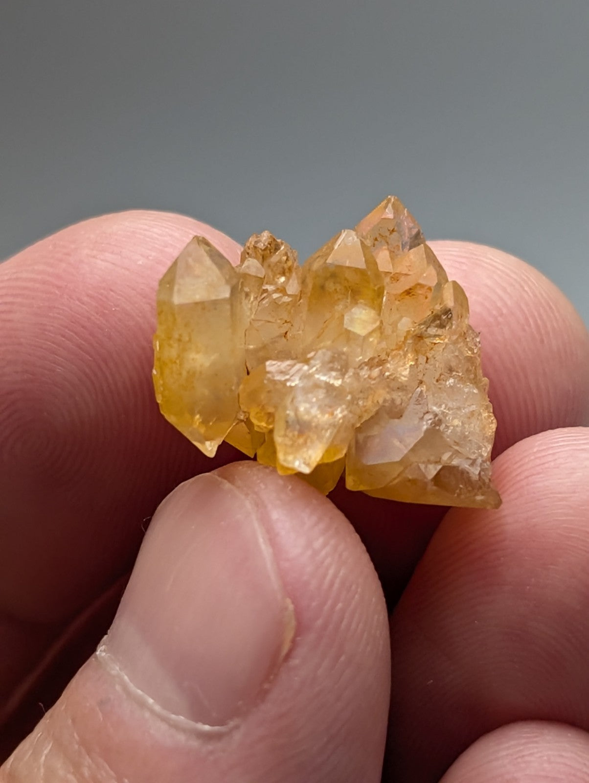 A set of 3 translucent yellow citrine crystals with sharp faceted points and a natural earthy base unique and ooak