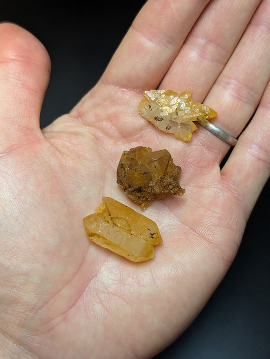 A hand holds three distinct golden-yellow crystal specimens, each with unique facets and natural mineral inclusions.