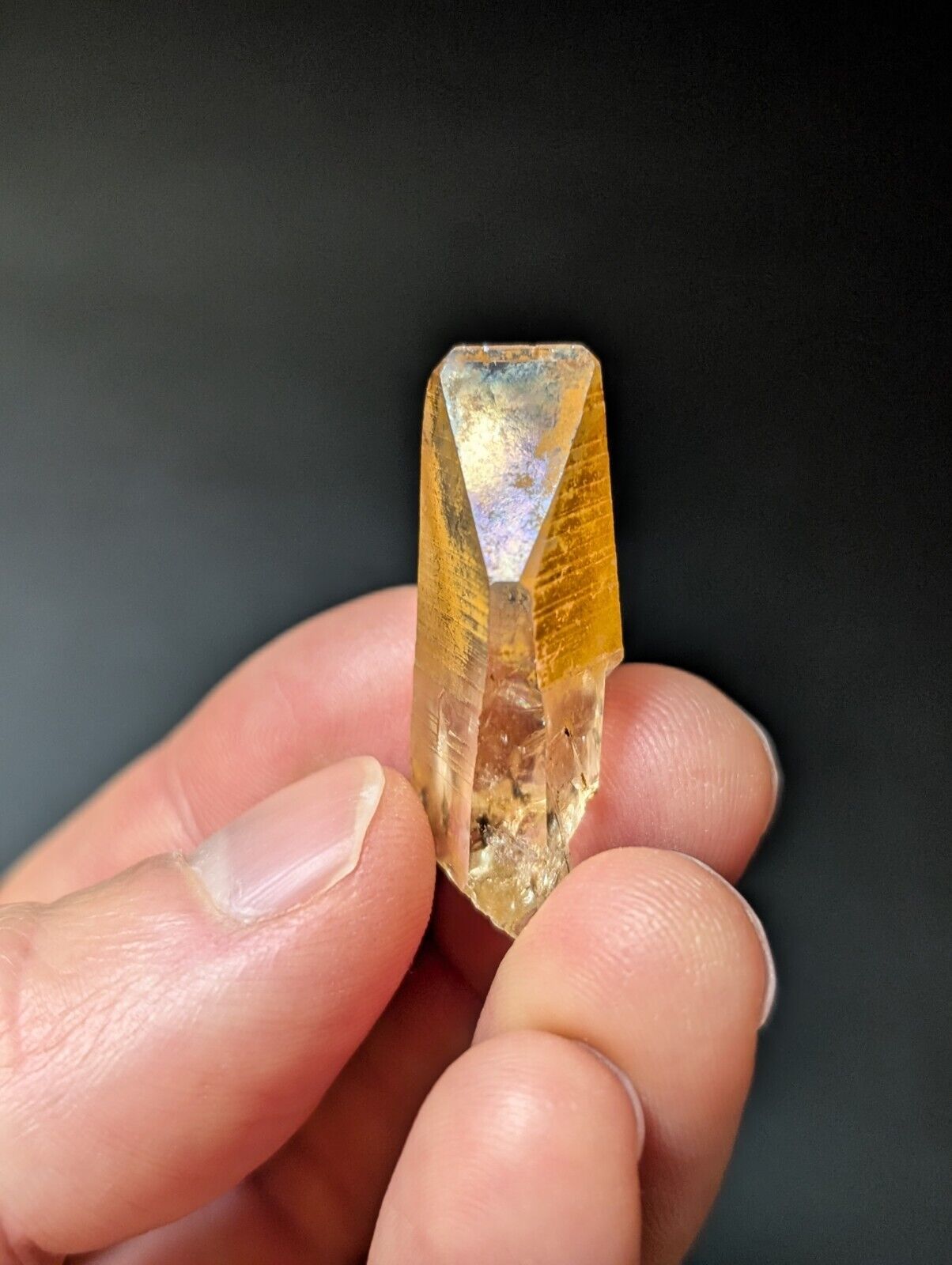 Golden-hued crystal with iridescent top.