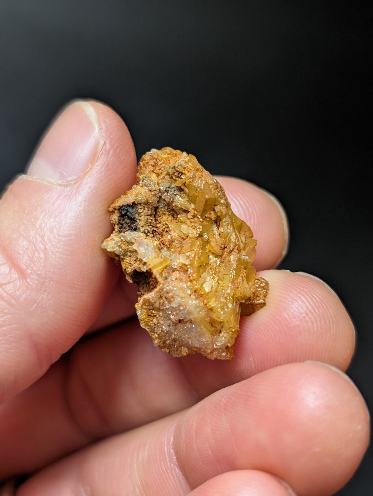 A rough, golden-yellow mineral specimen with translucent crystalline formations and earthy brown matrix.