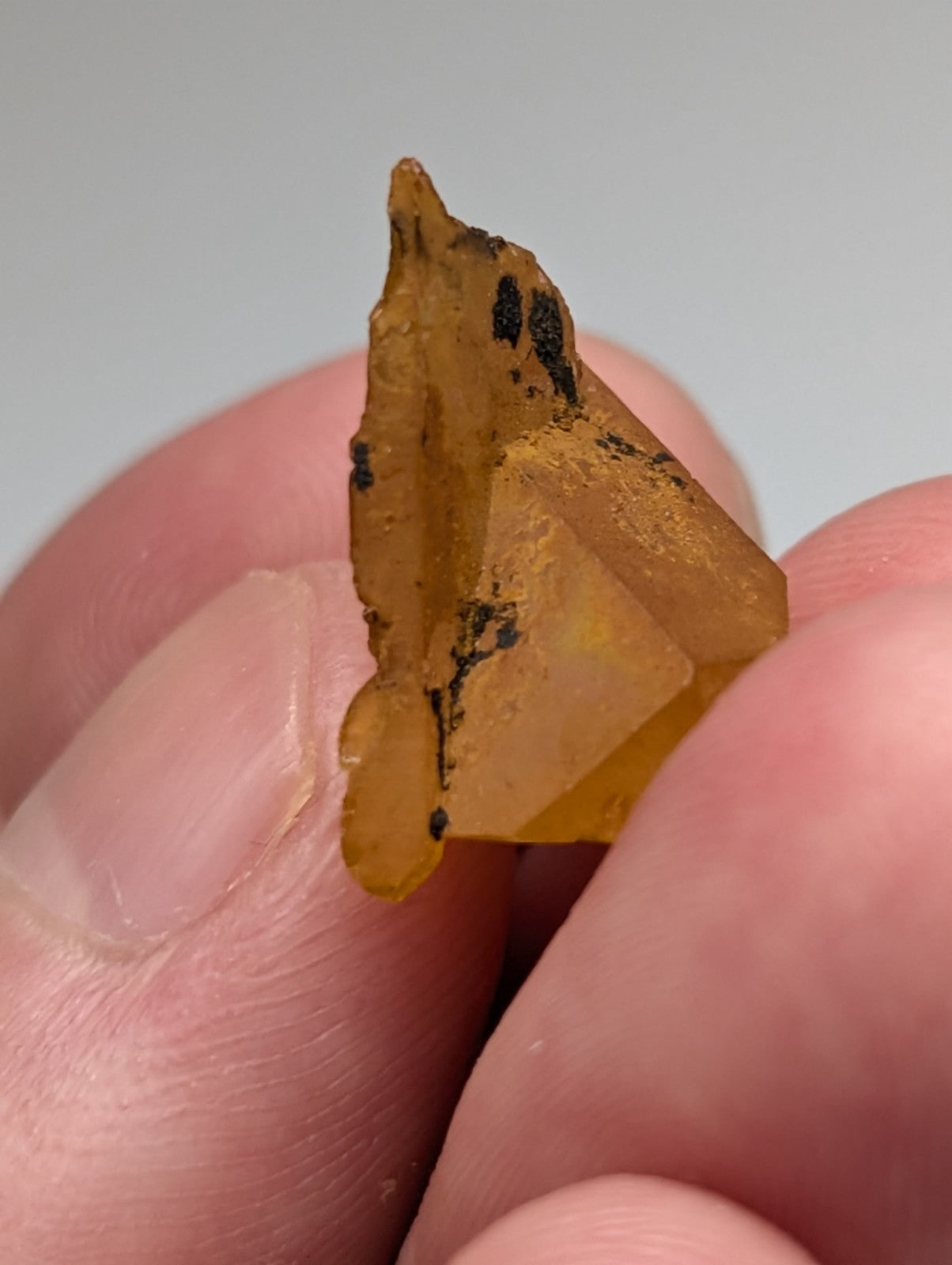 A translucent amber-colored arkansas quartz crystal with dark inclusions showing natural iridescence held between fingers