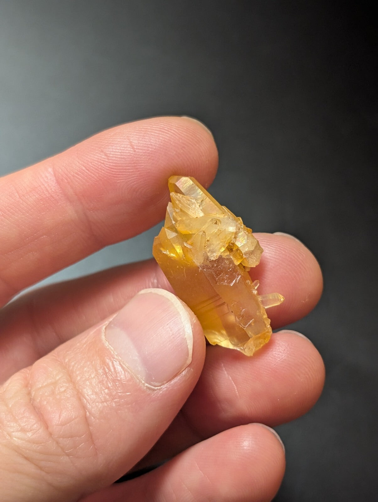 A translucent golden-yellow crystal cluster with sharp, faceted edges and a natural, irregular formation.