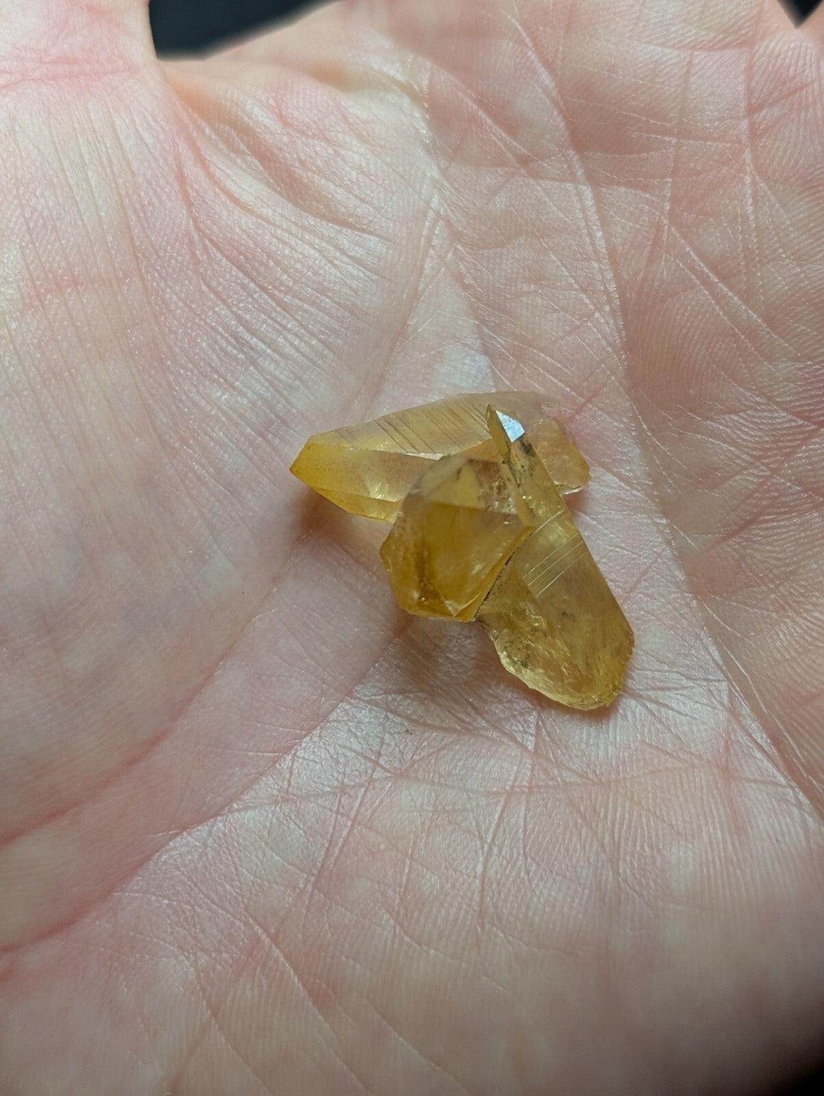 A cluster of translucent golden-yellow citrine crystals resting in an open palm.