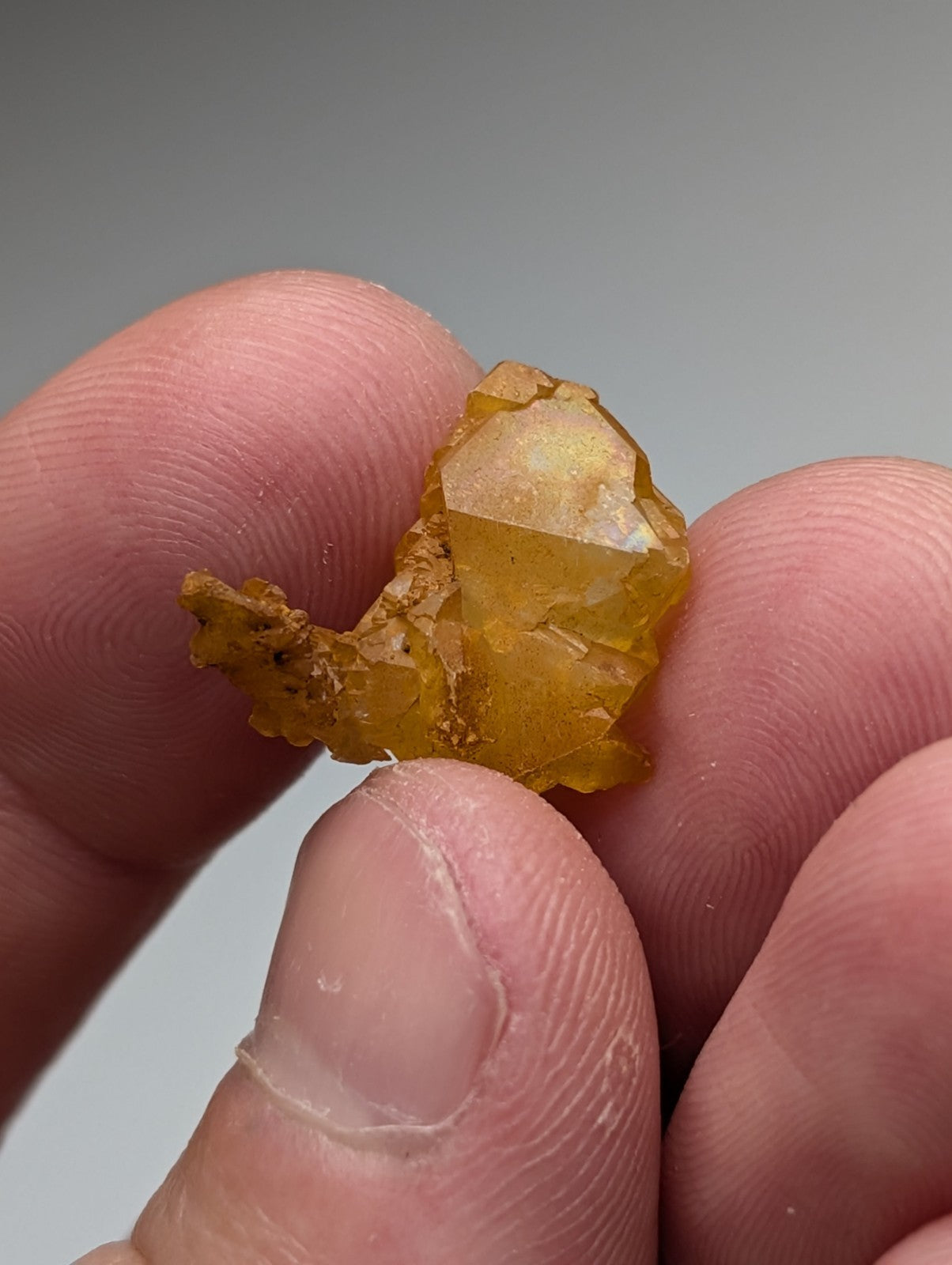A translucent golden-yellow arkansas quartz crystal with natural iridescence and faceted geometric structure