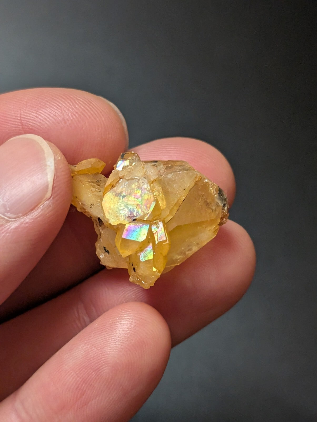 A cluster of golden-yellow, iridescent crystals with a translucent and faceted appearance.