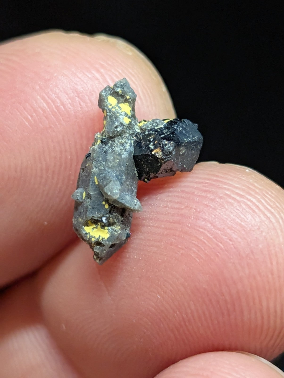 A dark gray, jagged mineral specimen with patches of bright yellow crystalline inclusions.