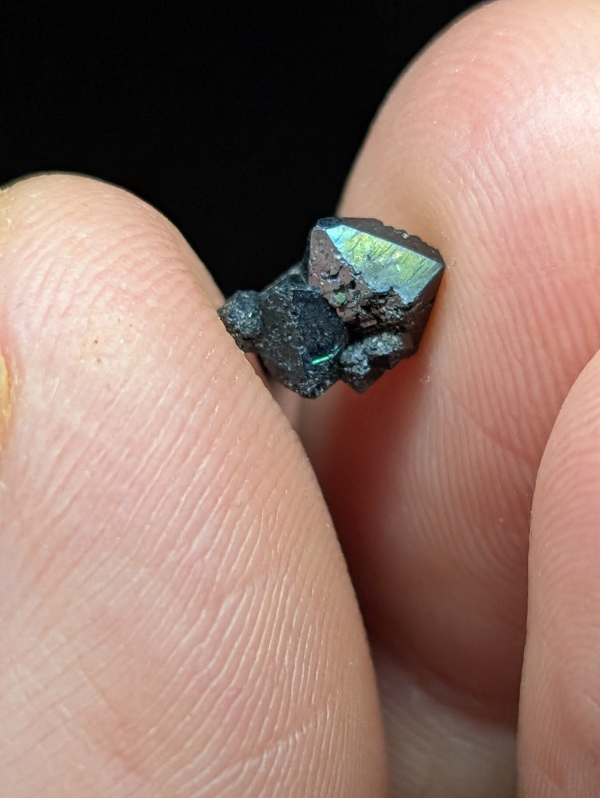 A small, dark mineral specimen with iridescent green and blue facets held between fingers.