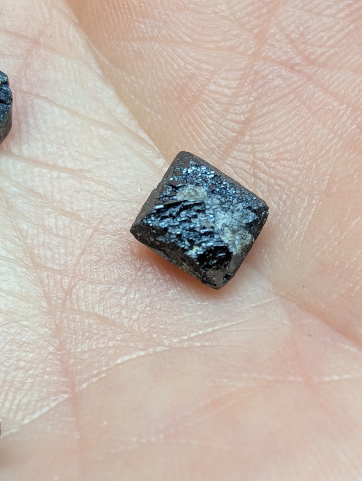 A dark, square-cut gemstone with a rough, textured surface and subtle metallic sheen rests in the palm.