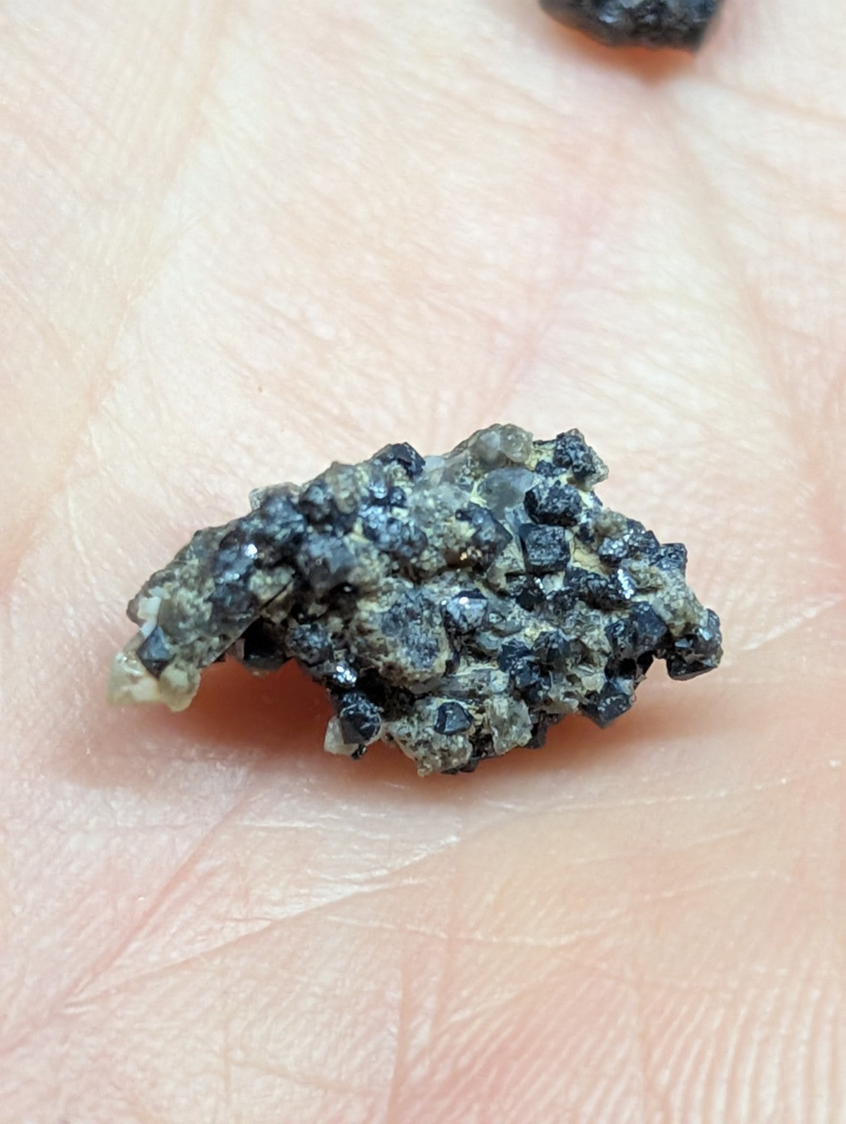 A rough, irregularly shaped black and gray mineral specimen with a textured surface.