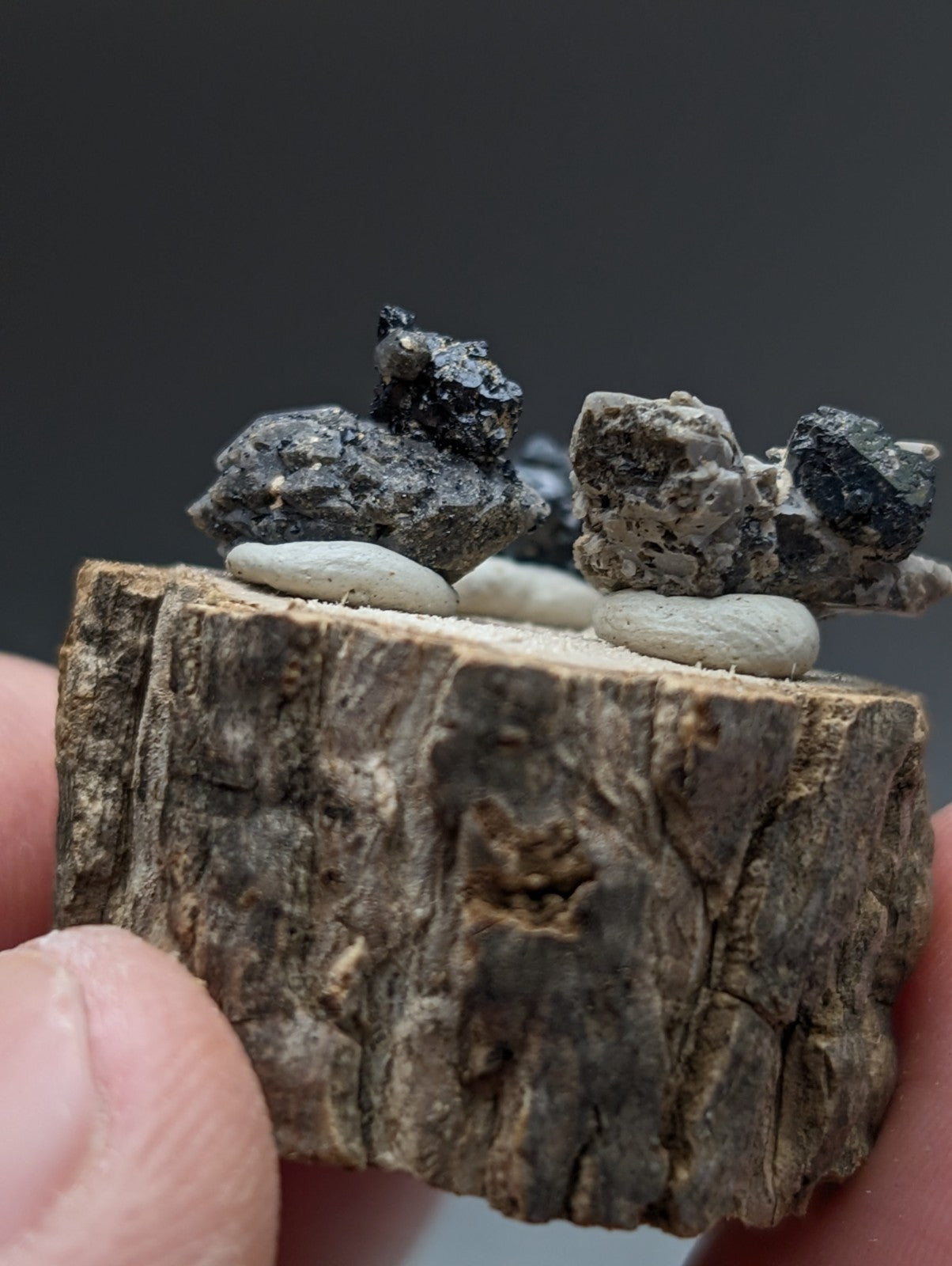 A rustic wooden slice holds smooth white stones and dark brookite and smoky quartz mineral specimens with wood stand