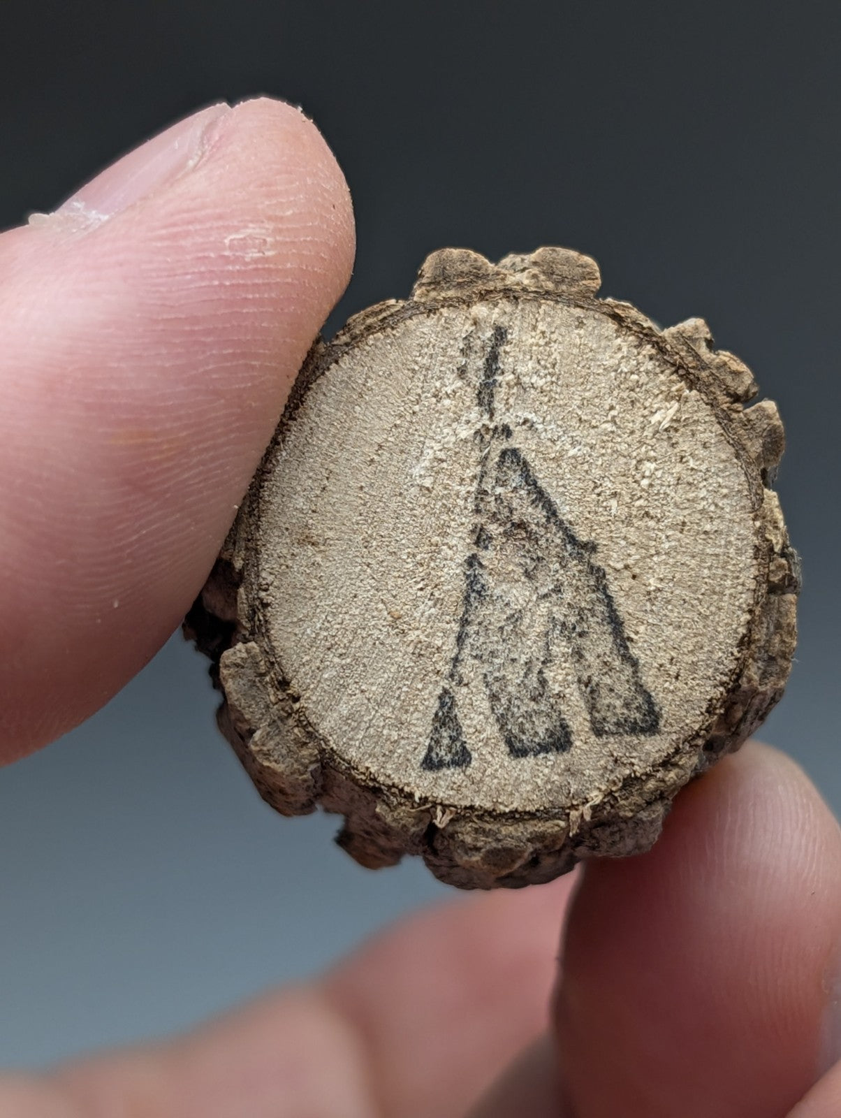 Rustic circular wooden slice with carved teepee design included in set of 3 brookite smoky quartz and wood stand