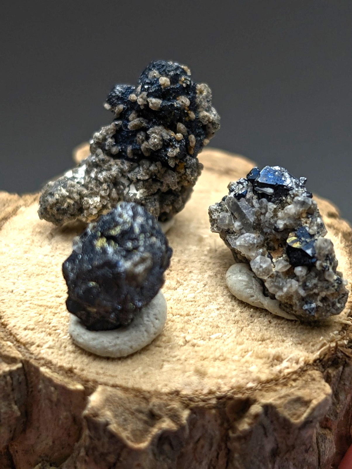 Set of 3 brookite and smoky quartz mineral specimens with blue crystals on rustic wood stand from magnet cove arkansas