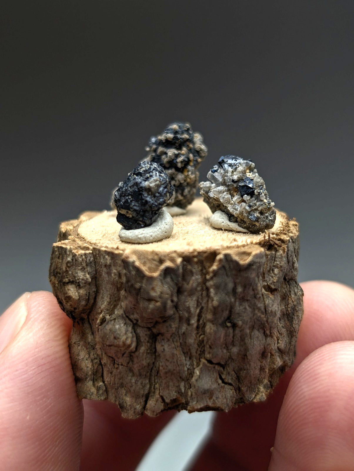 Three dark rough-textured brookite and smoky quartz mineral specimens on a rustic wooden slice display stand