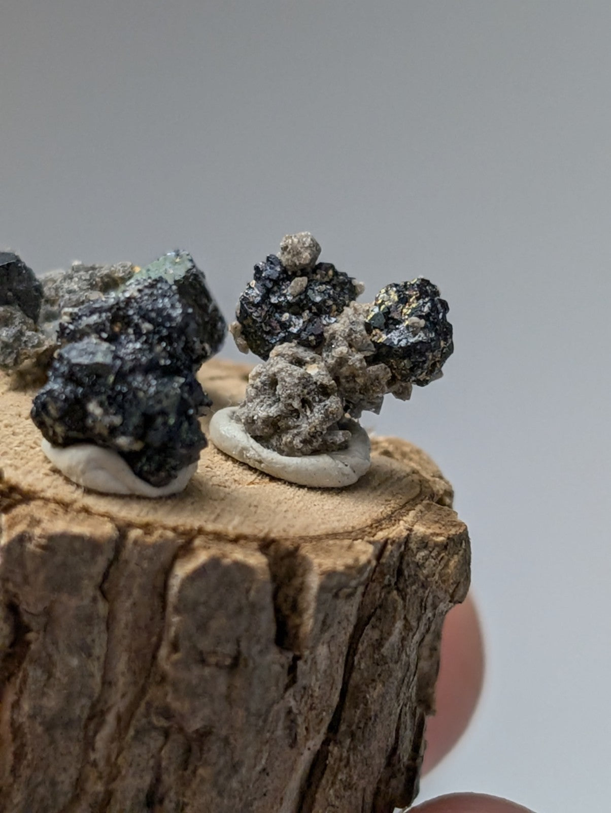 Set of 3 brookite and smoky quartz dark crystalline mineral specimens with metallic sheen on rustic wooden base