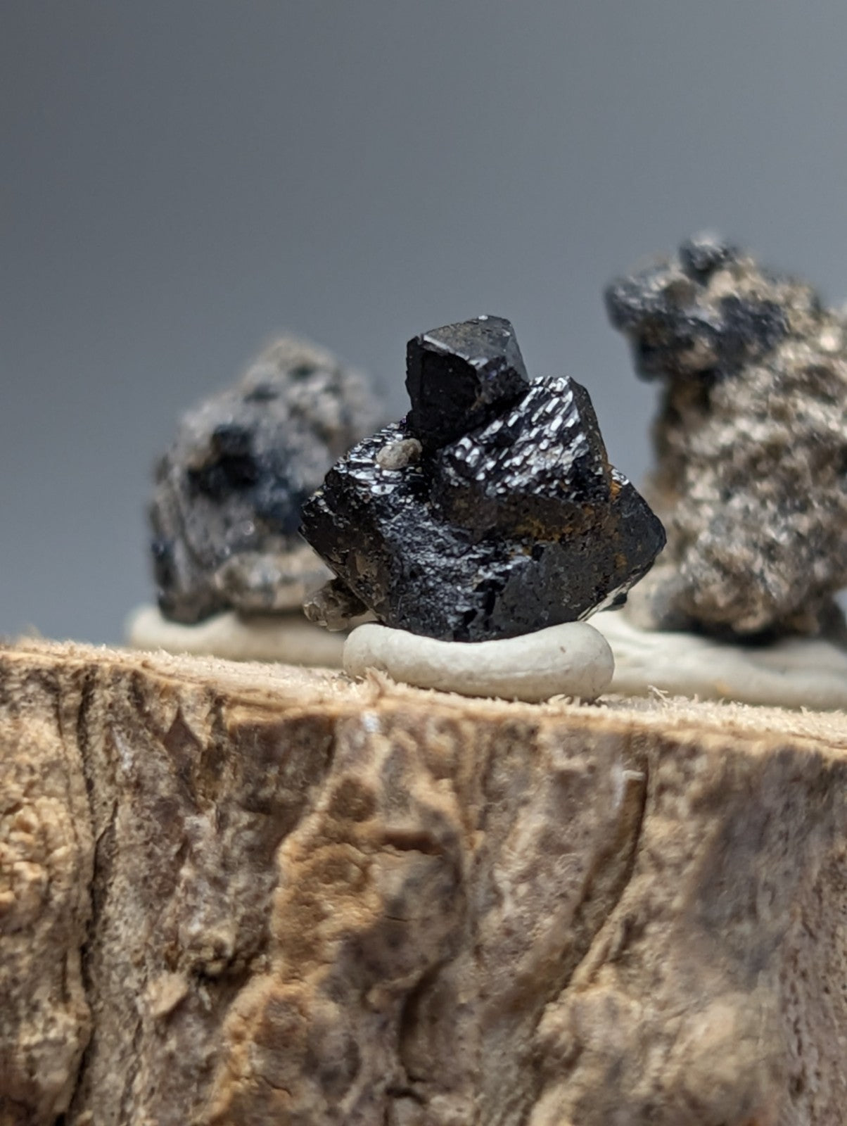 A glossy black brookite mineral with angular faceted crystals on a white ceramic pedestal from magnet cove arkansas
