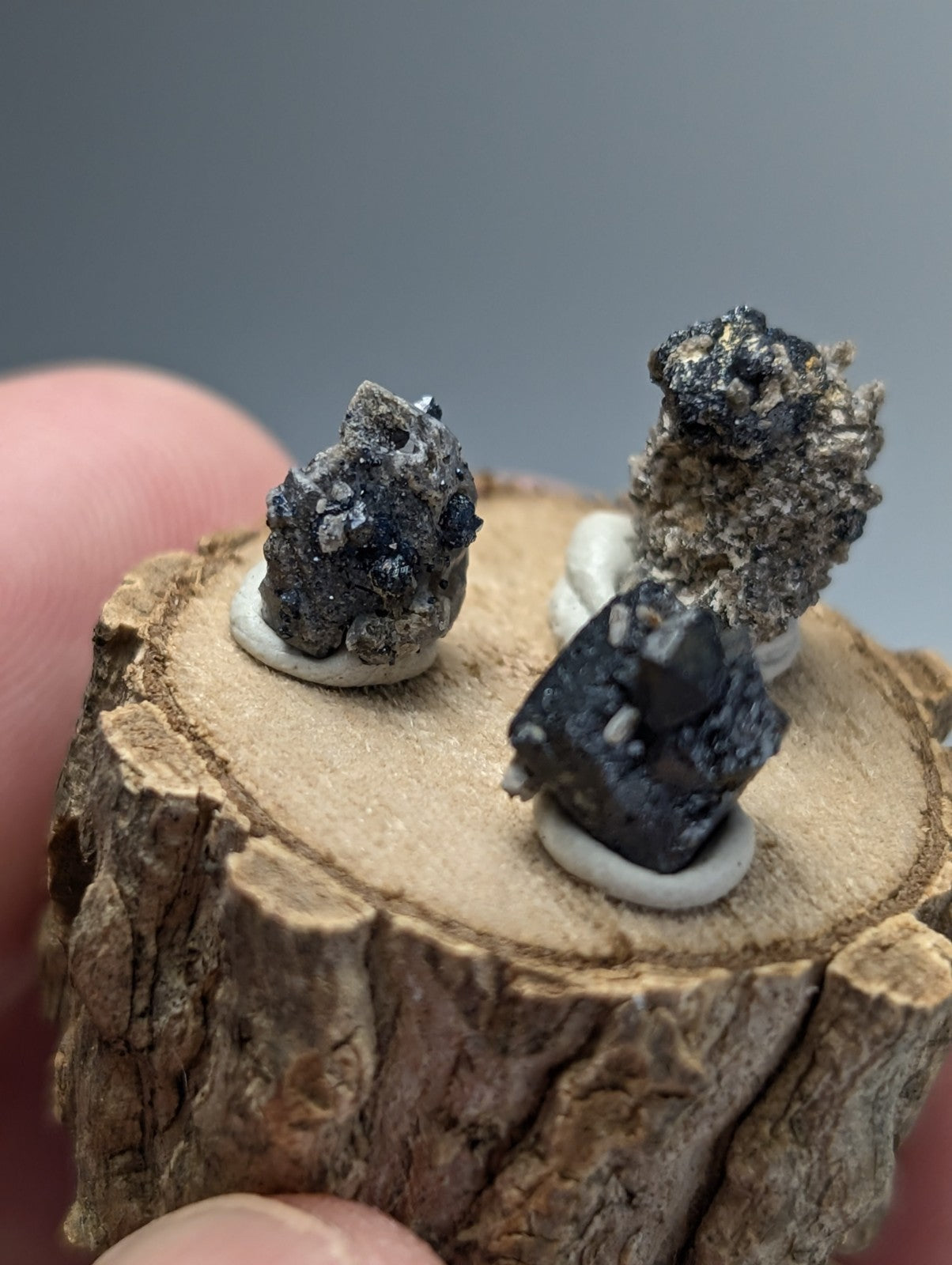 Three dark metallic brookite and smoky quartz mineral specimens on a rustic wooden stand from magnet cove arkansas