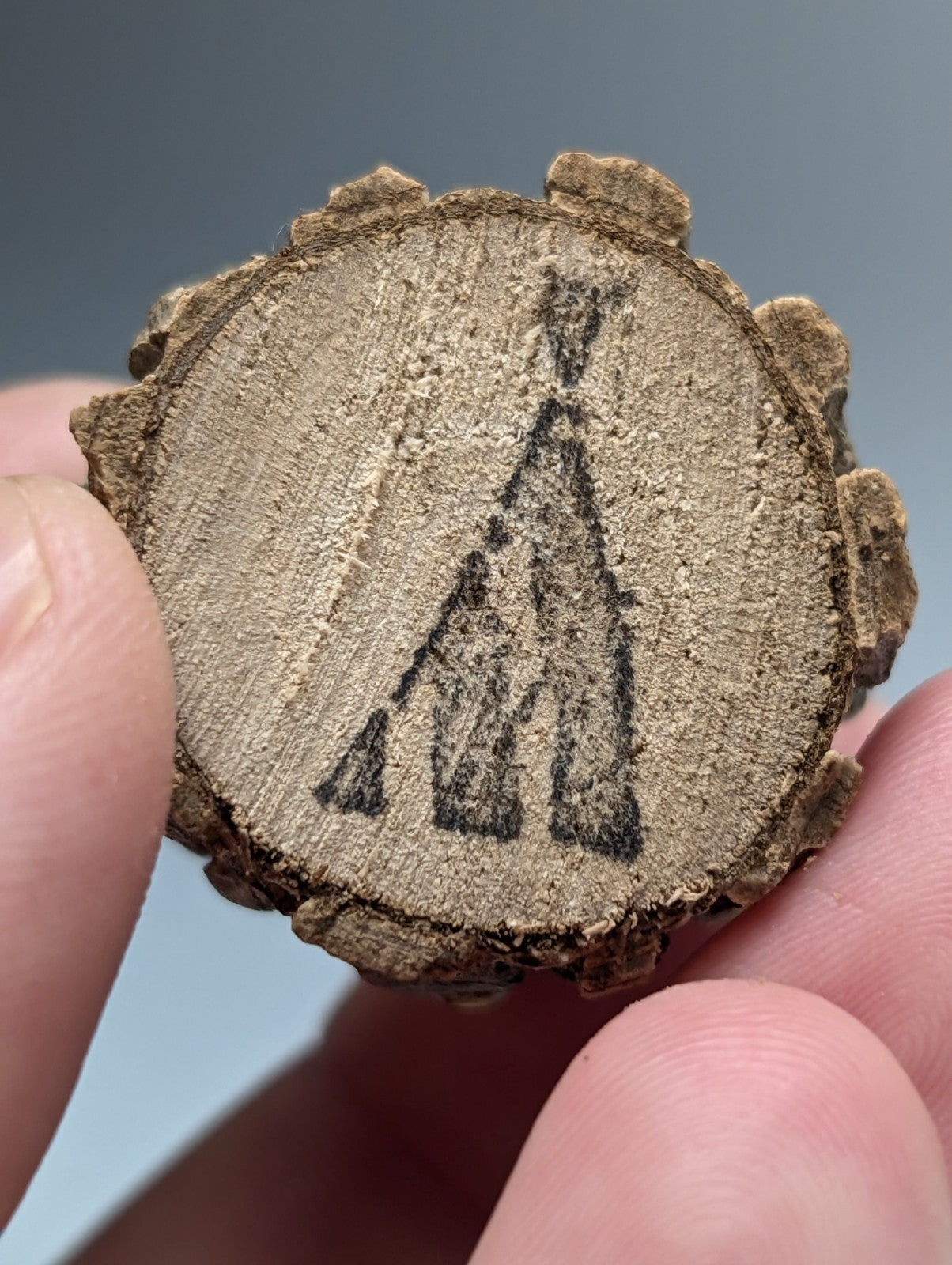 A rustic circular wooden slice with brown bark edge and black carved teepee design from set of 3 brookite smoky quartz