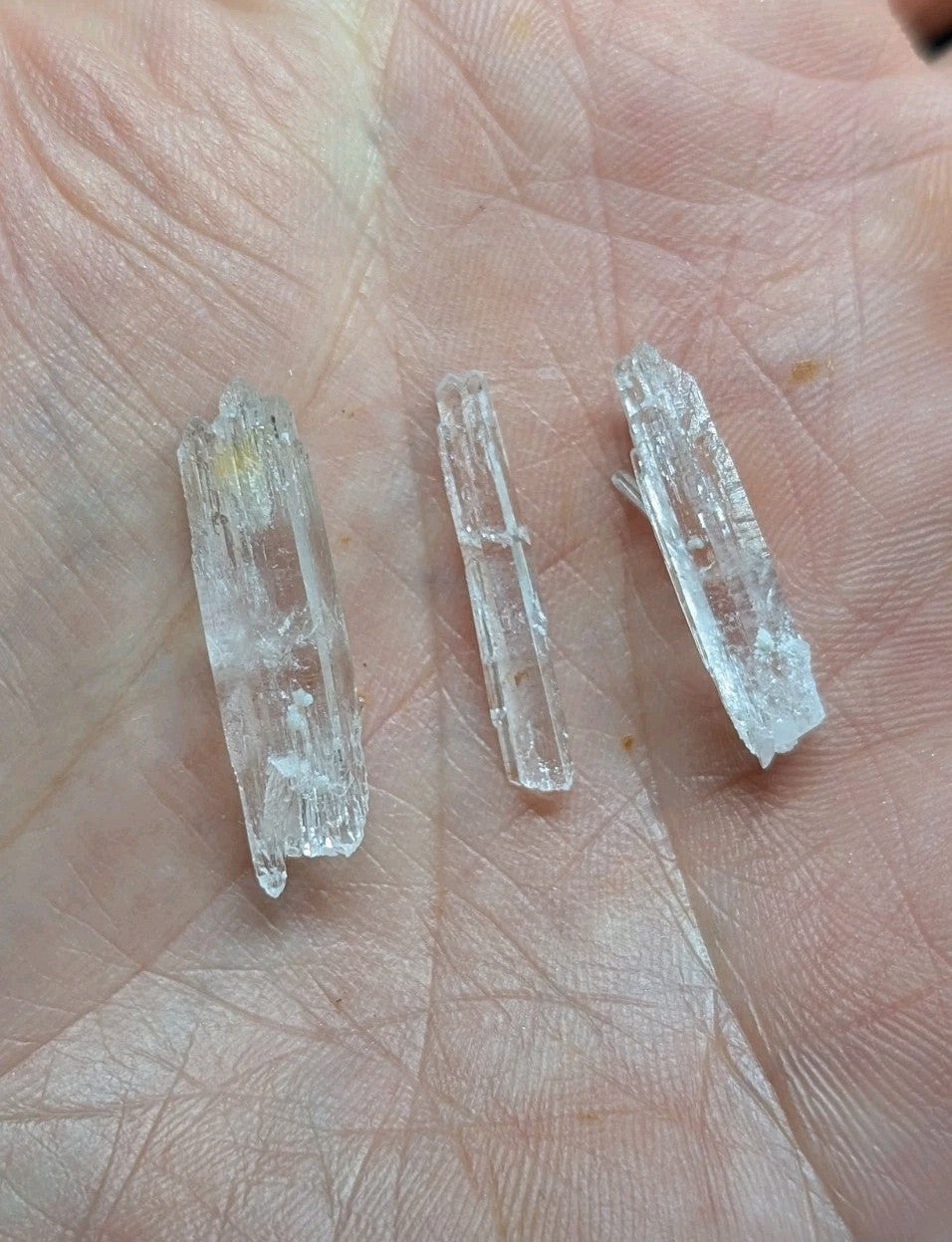 Three translucent, clear quartz crystals with natural facets and minor inclusions rest gently on an open palm.
