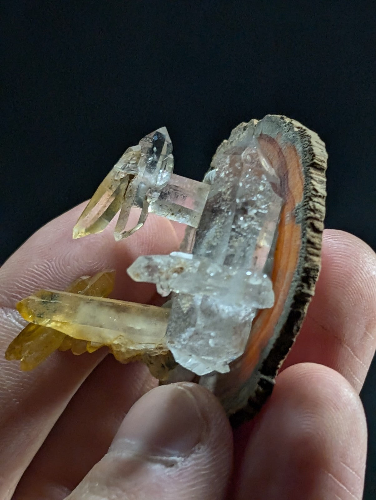 A hand holds a natural geode specimen featuring clear quartz crystals with golden-yellow inclusions, set against a dark background.