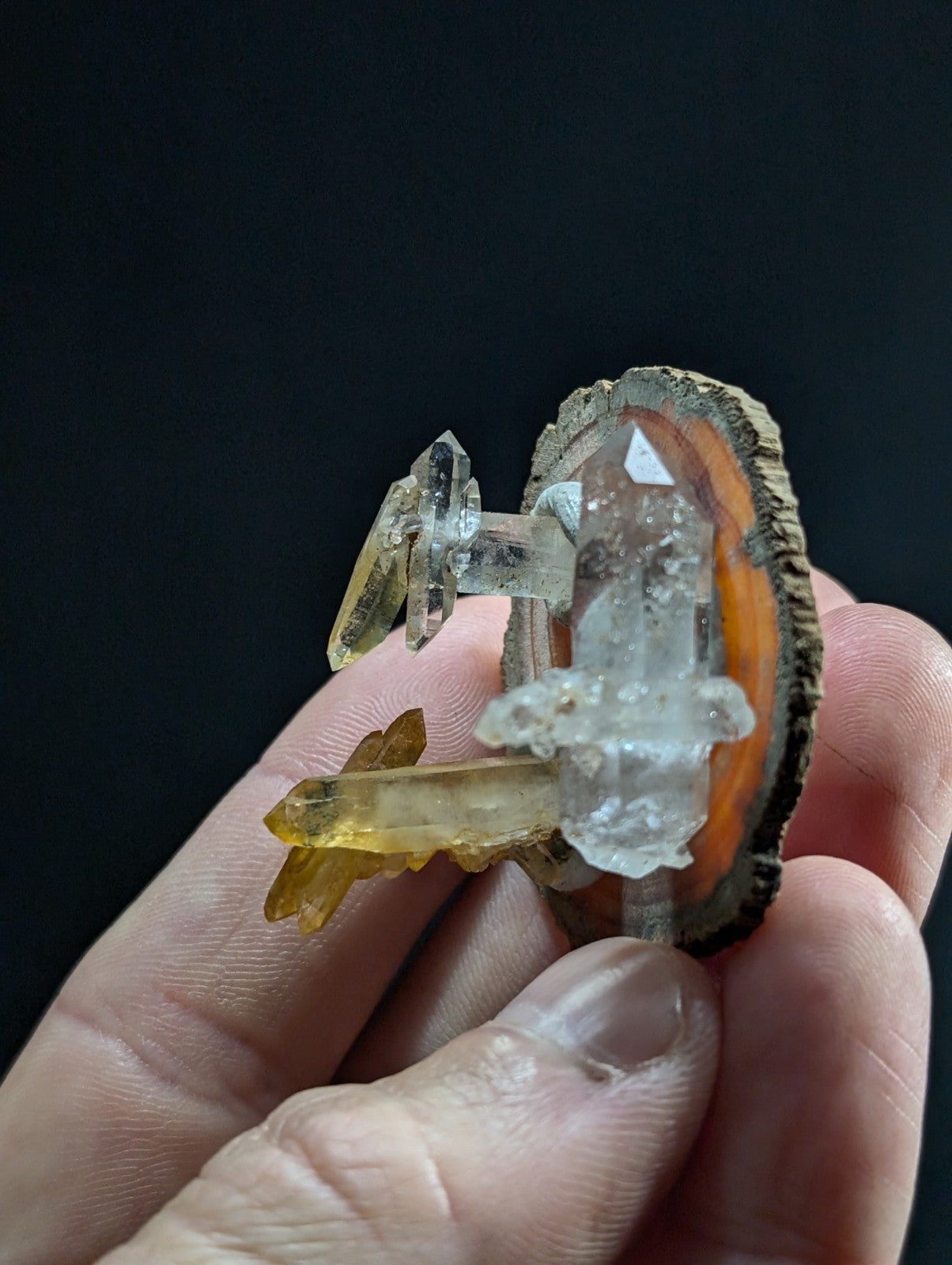 A hand holds a natural geode slice with translucent quartz crystals, featuring clear and golden-yellow formations against an orange-brown agate interior.