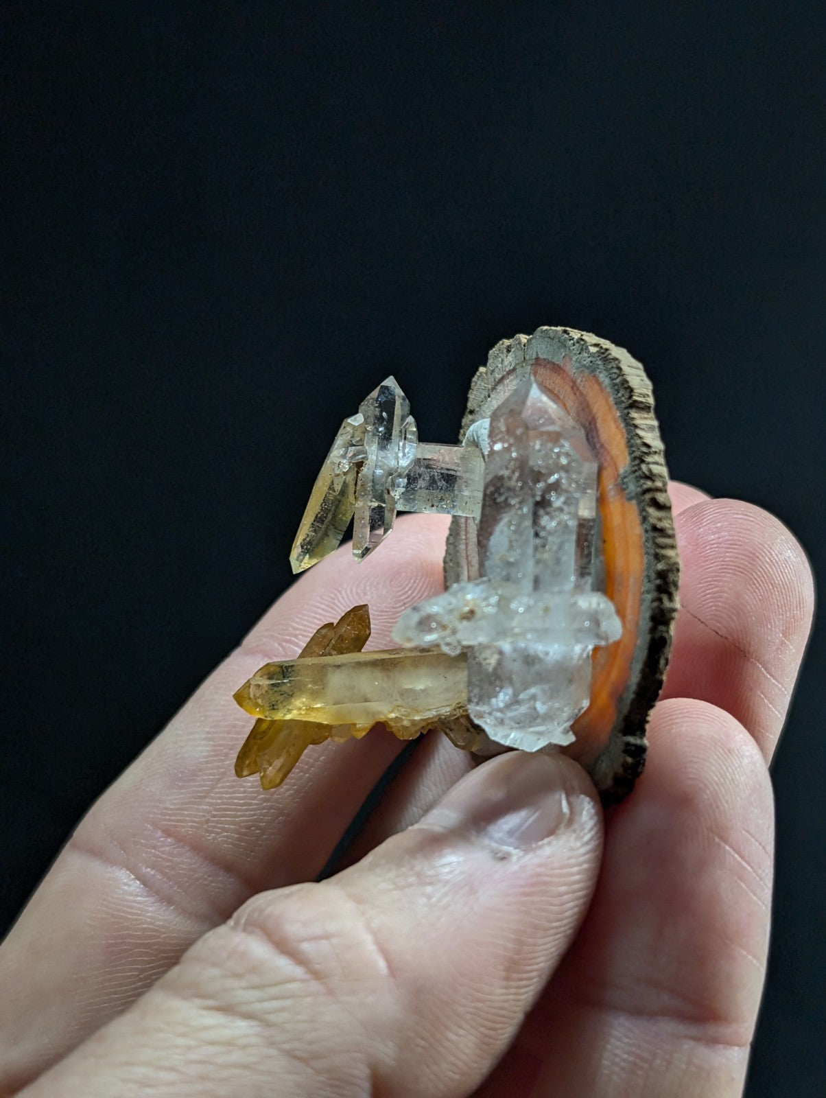 A hand holds a natural geode slice with clear quartz crystals and amber-colored citrine, set against a dark background.