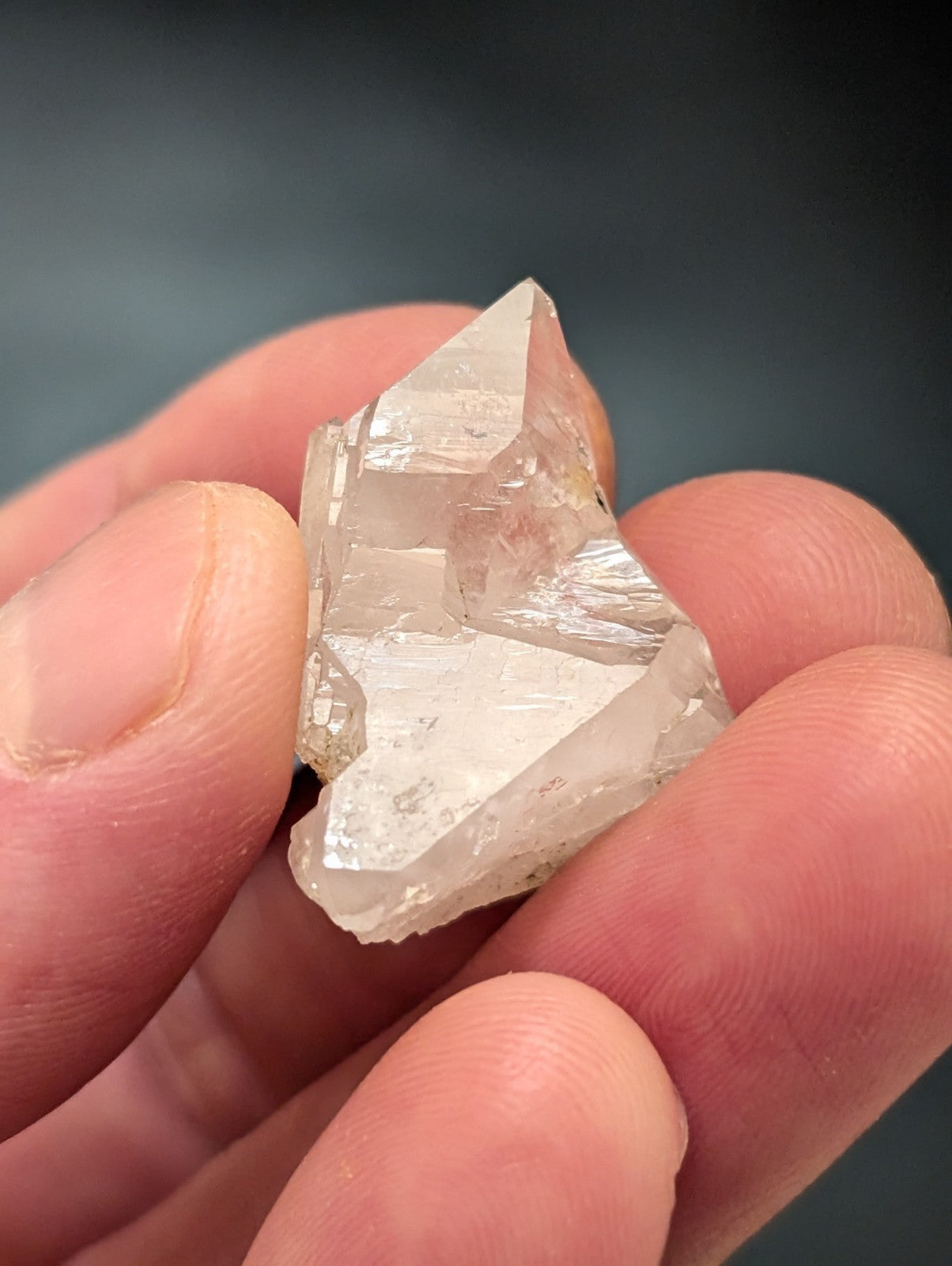 A translucent, clear quartz crystal with sharp geometric facets and a natural, rough-edged form.