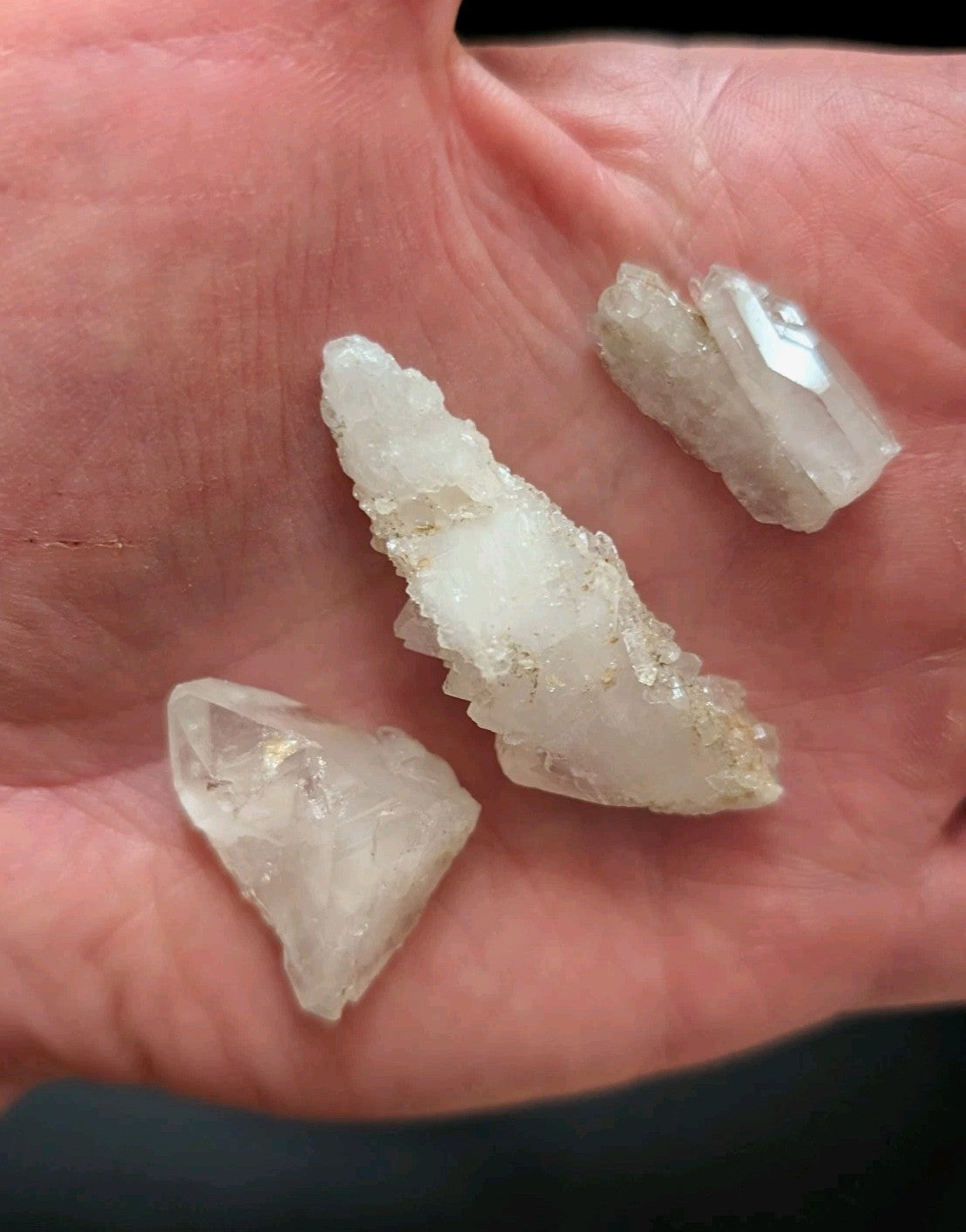 Three translucent white quartz crystals with jagged, natural edges rest in the palm of a hand.