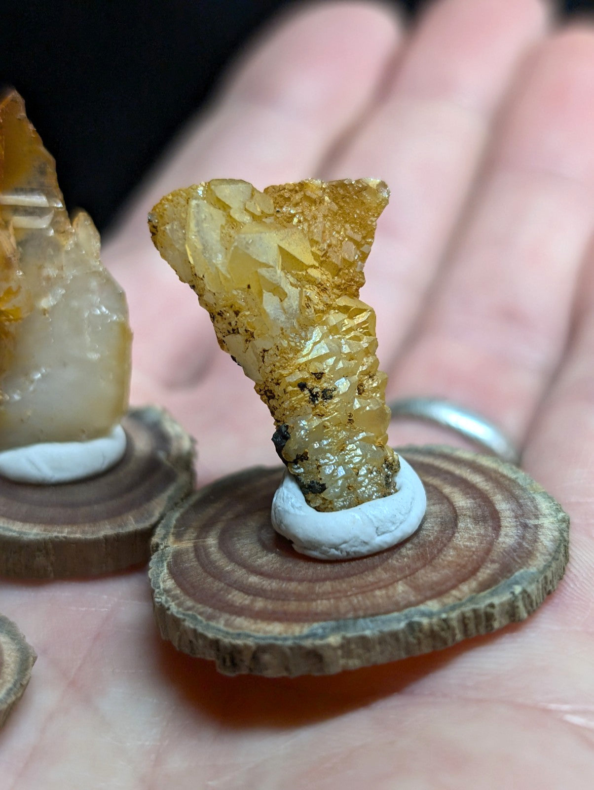 Golden-yellow geode crystal specimen mounted on a circular wooden slice base.