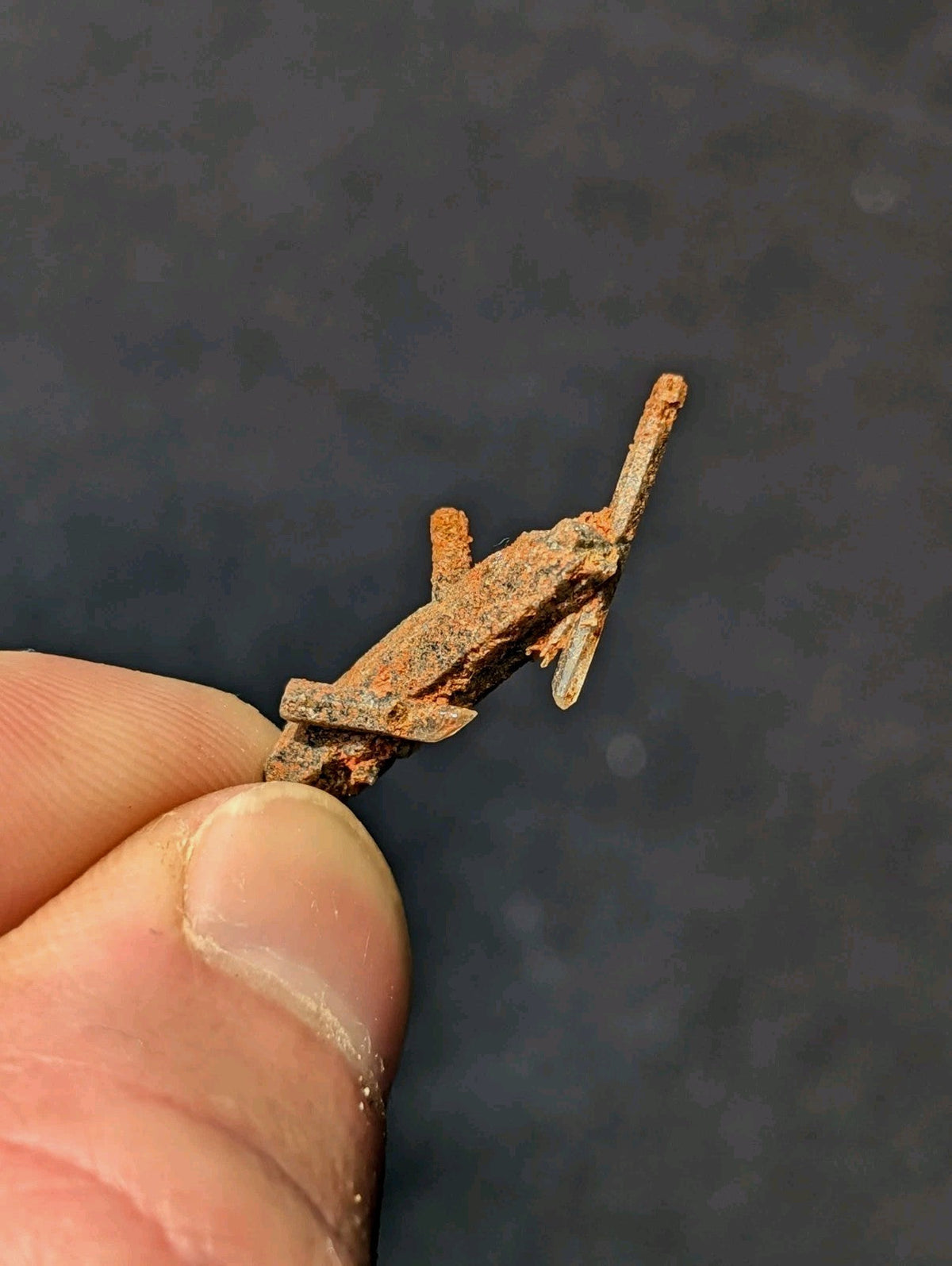 Rusty metallic airplane model with orange-brown patina and weathered surface.