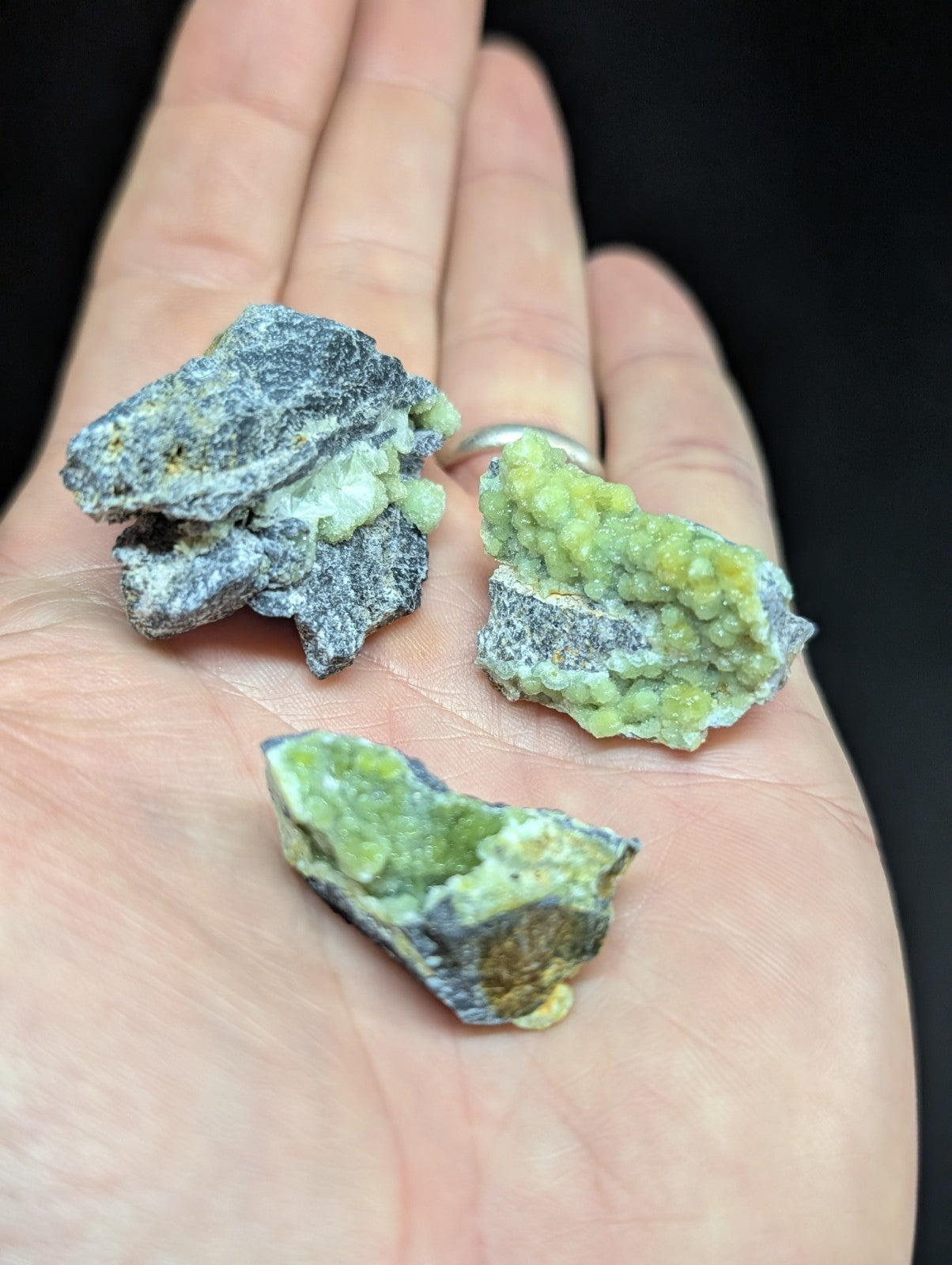 Three irregularly shaped, rough-textured mineral specimens with a mix of green and grayish hues.