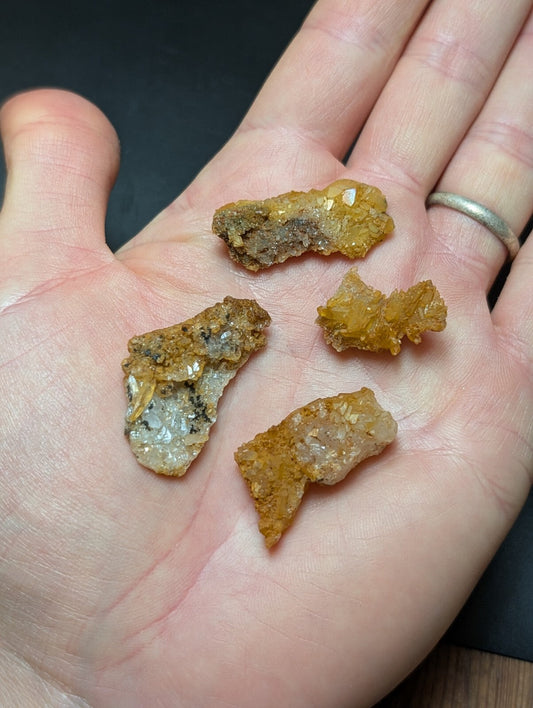 Four irregularly shaped amber-colored mineral specimens with translucent and opaque sections, resting in the palm of a hand.
