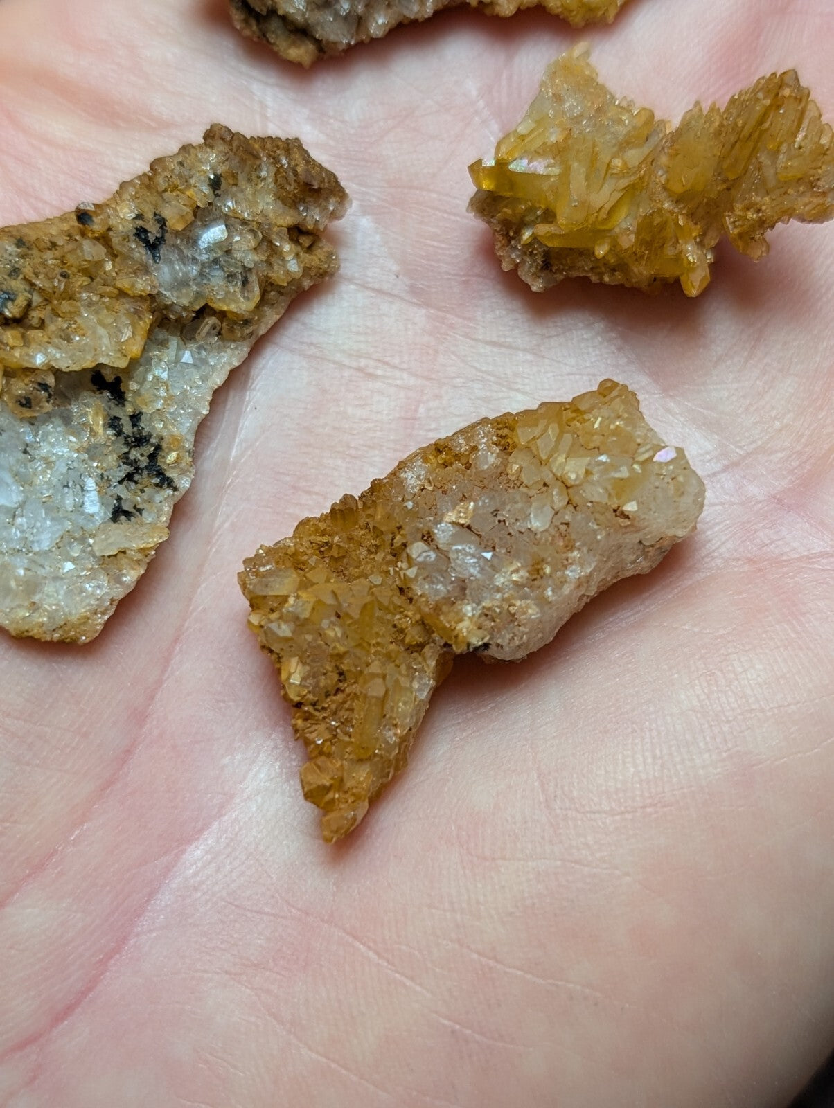 Golden-yellow crystalline mineral specimens with translucent, faceted surfaces and earthy brown matrix.