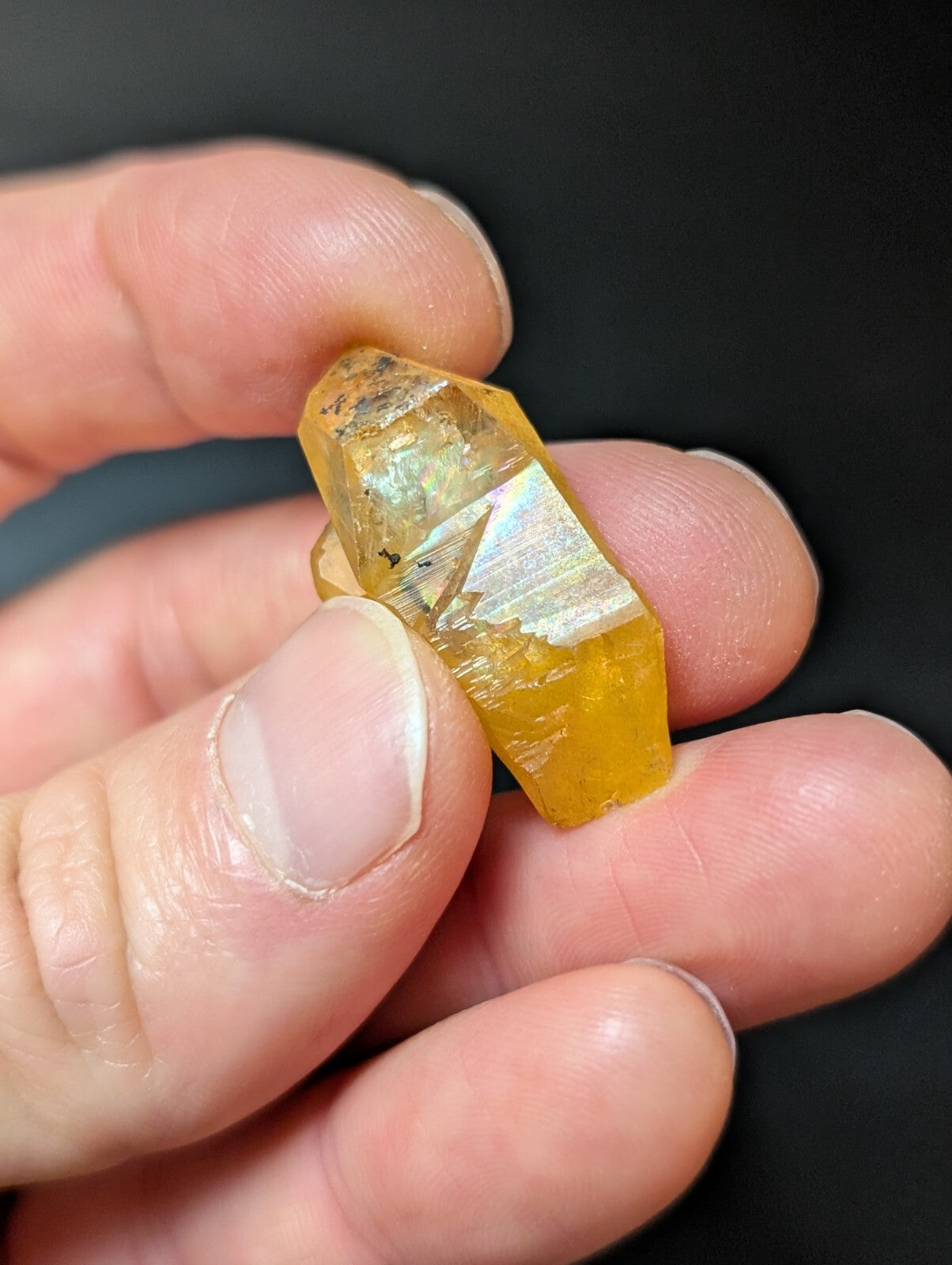 A translucent golden-yellow citrine crystal with a faceted, geometric cut and visible internal inclusions.