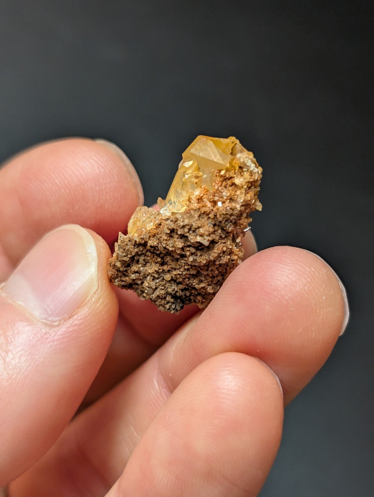 A translucent golden-yellow crystal emerging from a rough, earthy brown matrix.