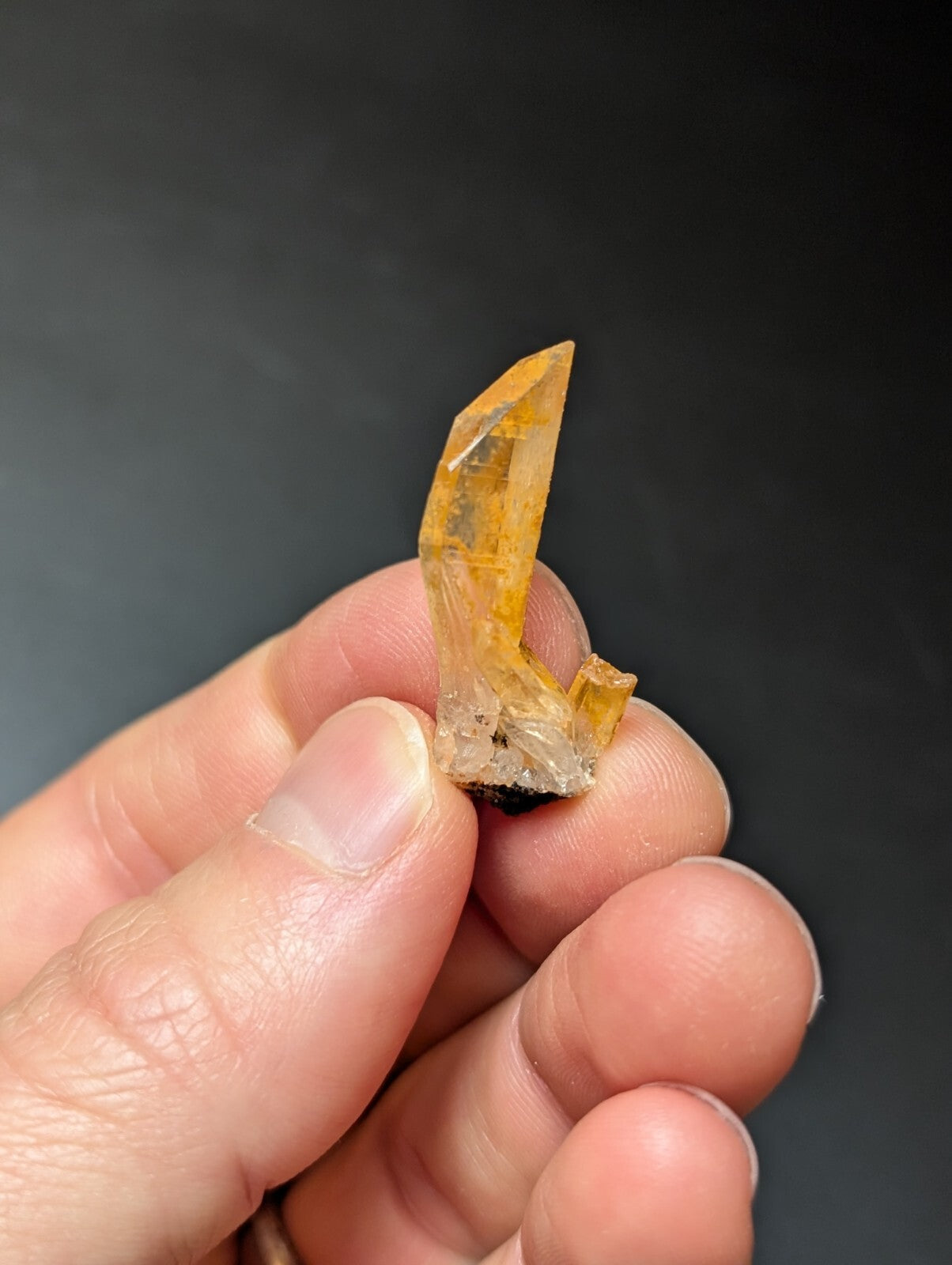A translucent golden-yellow crystal with sharp, angular facets and a rough base.