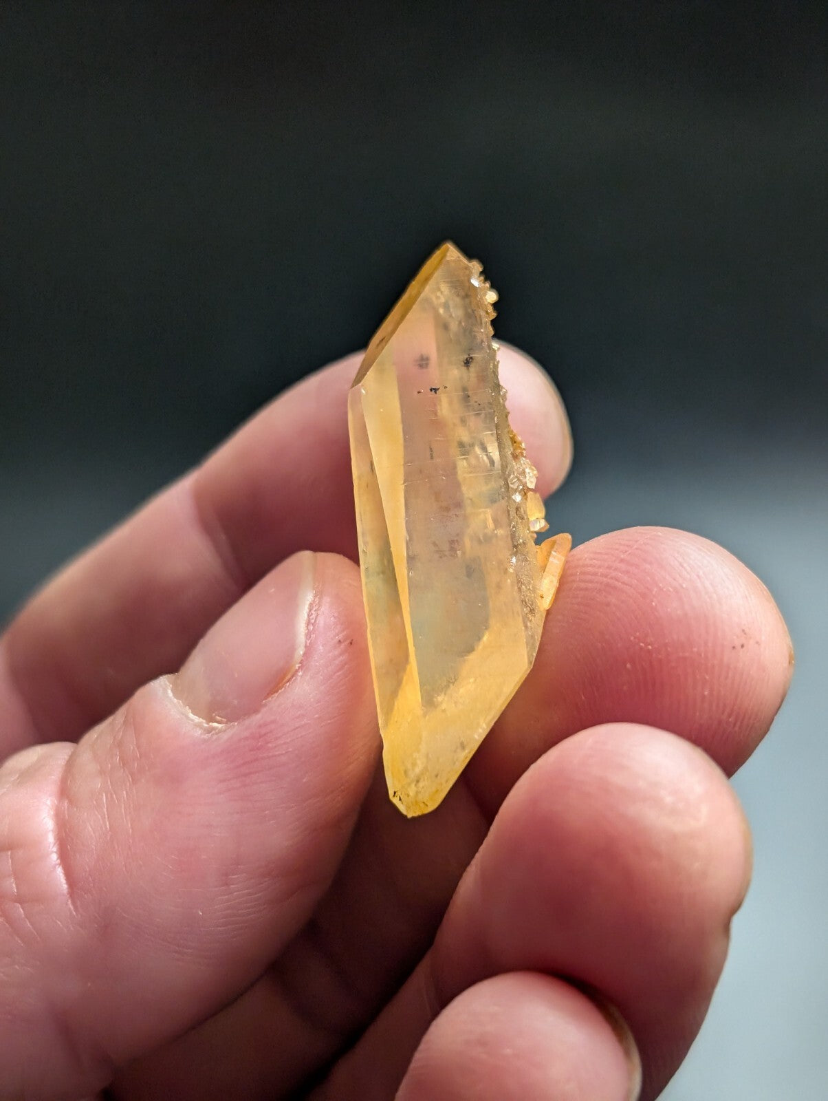 A translucent yellow crystal with a pointed, faceted shape and rough, mineral-encrusted edges.